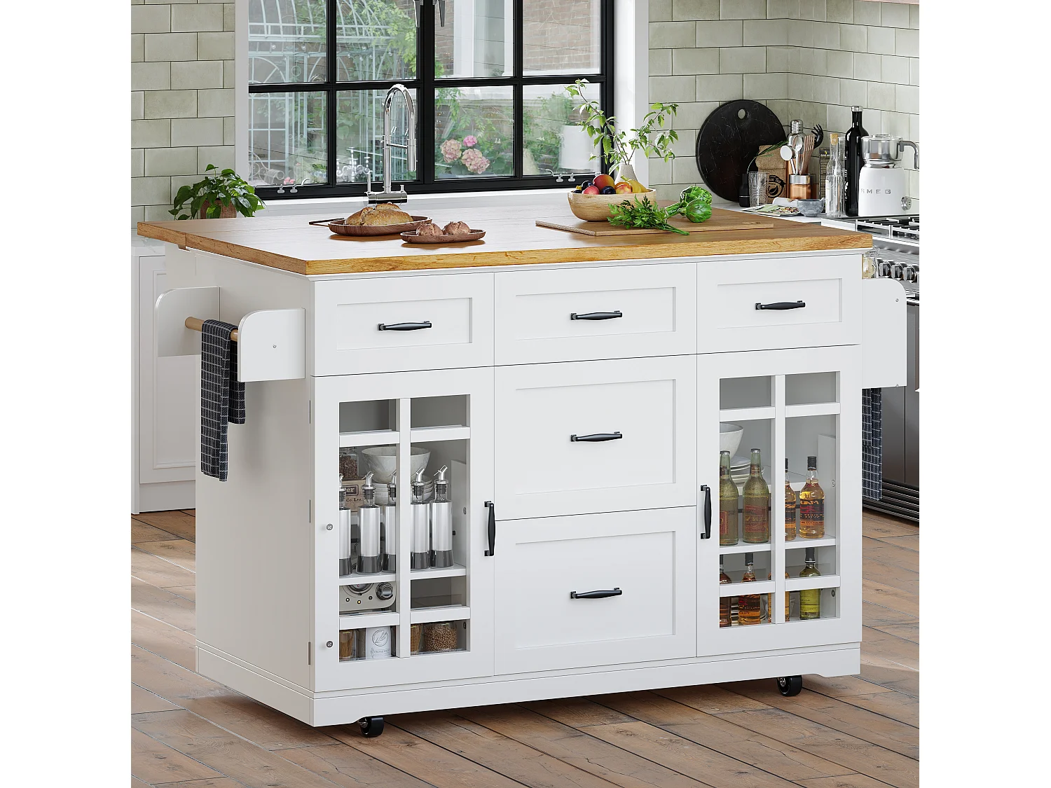 Mobile Kücheninsel – 140 x 40 (63,5) x 95 cm – mit verstellbaren Einlegeböden, 2 Türen und 5 Schubladen – MDF und Metall – weiß