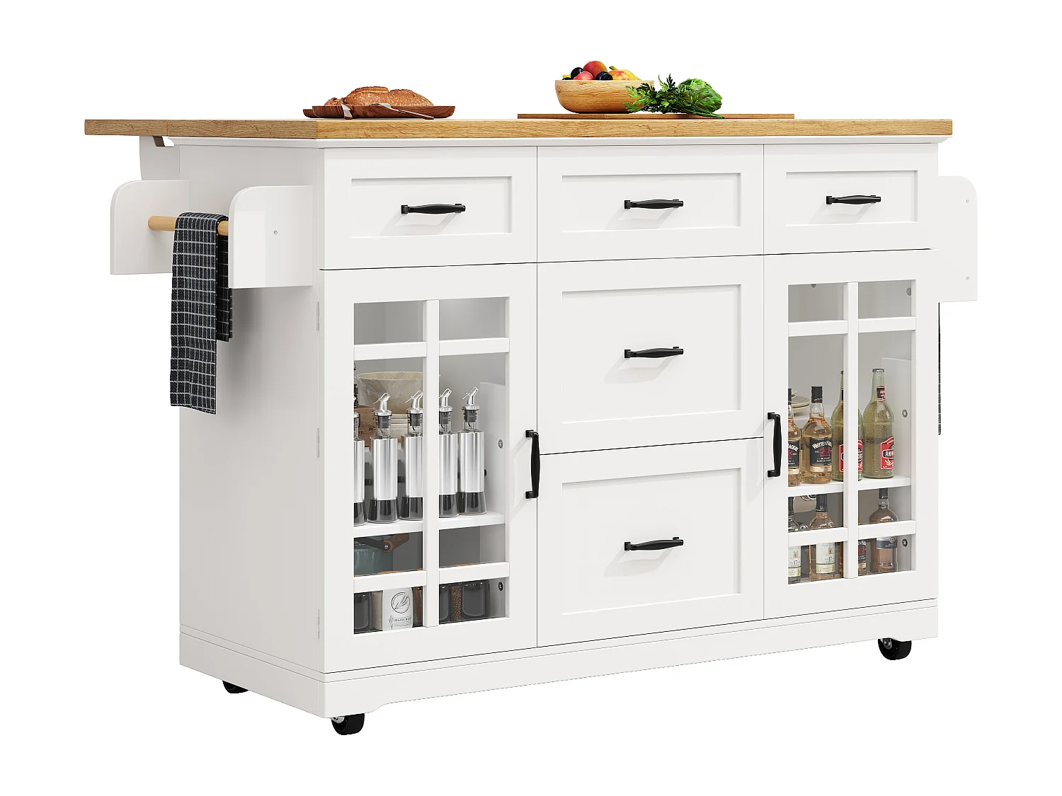 Mobile Kücheninsel – 140 x 40 (63,5) x 95 cm – mit verstellbaren Einlegeböden, 2 Türen und 5 Schubladen – MDF und Metall – weiß