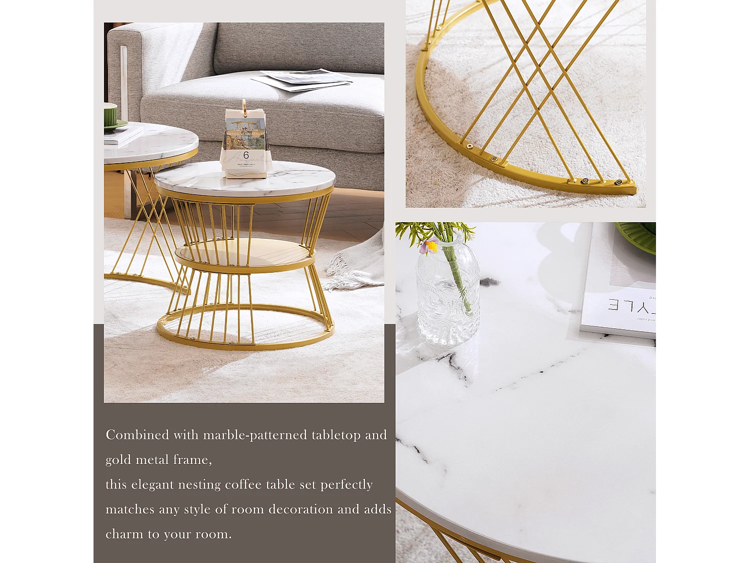 Lot de 2 tables basses gigognes avec étagère - bois MDF et métal - plateaux en motif marbre - blanc