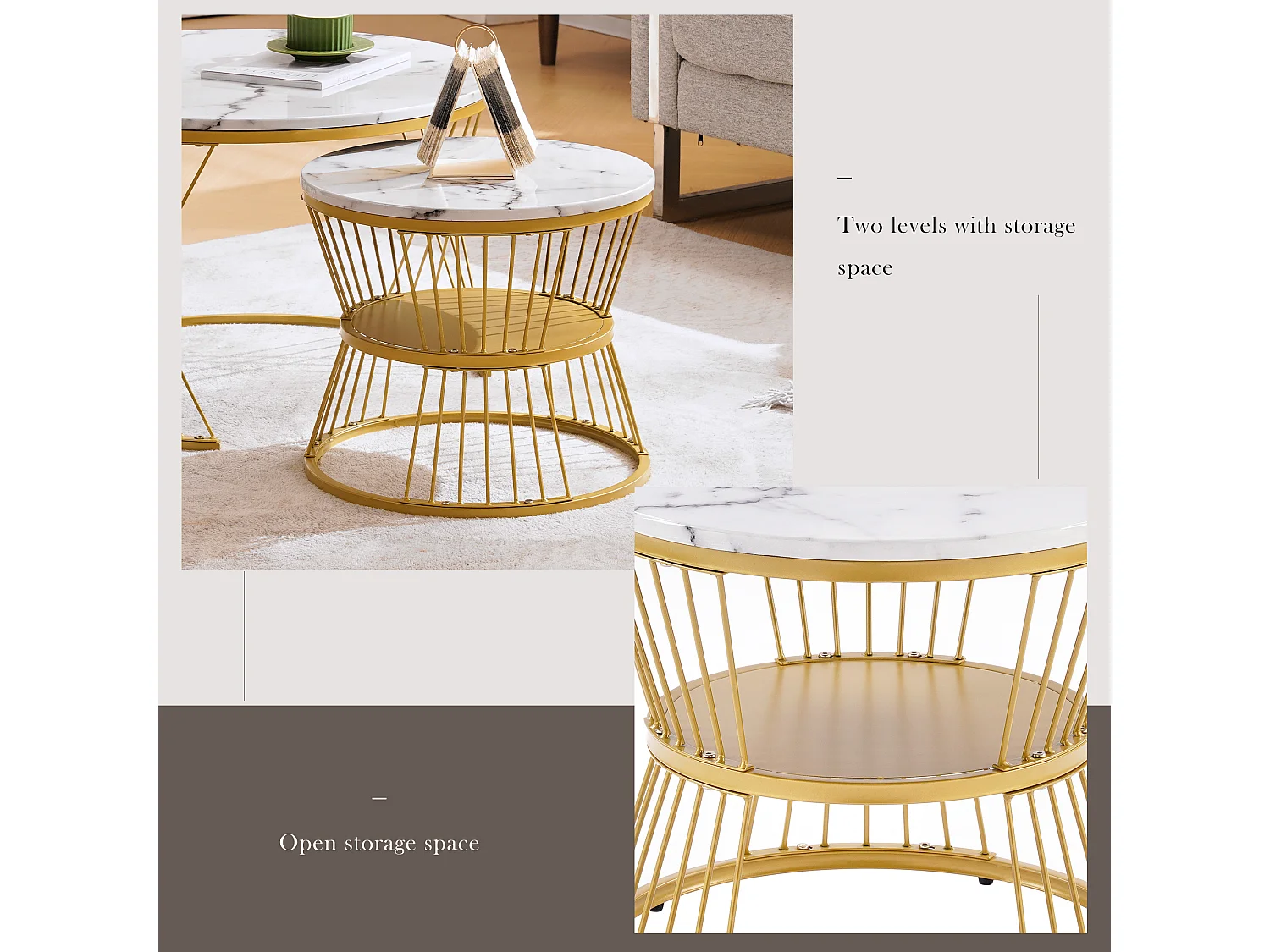 Lot de 2 tables basses gigognes avec étagère - bois MDF et métal - plateaux en motif marbre - blanc