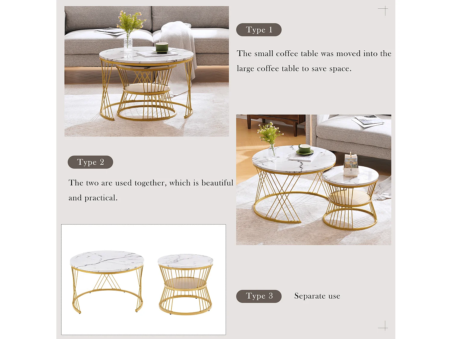 Set di 2 tavolini da caffè impilabili con ripiano - legno MDF e metallo - piani con motivo marmo - bianco