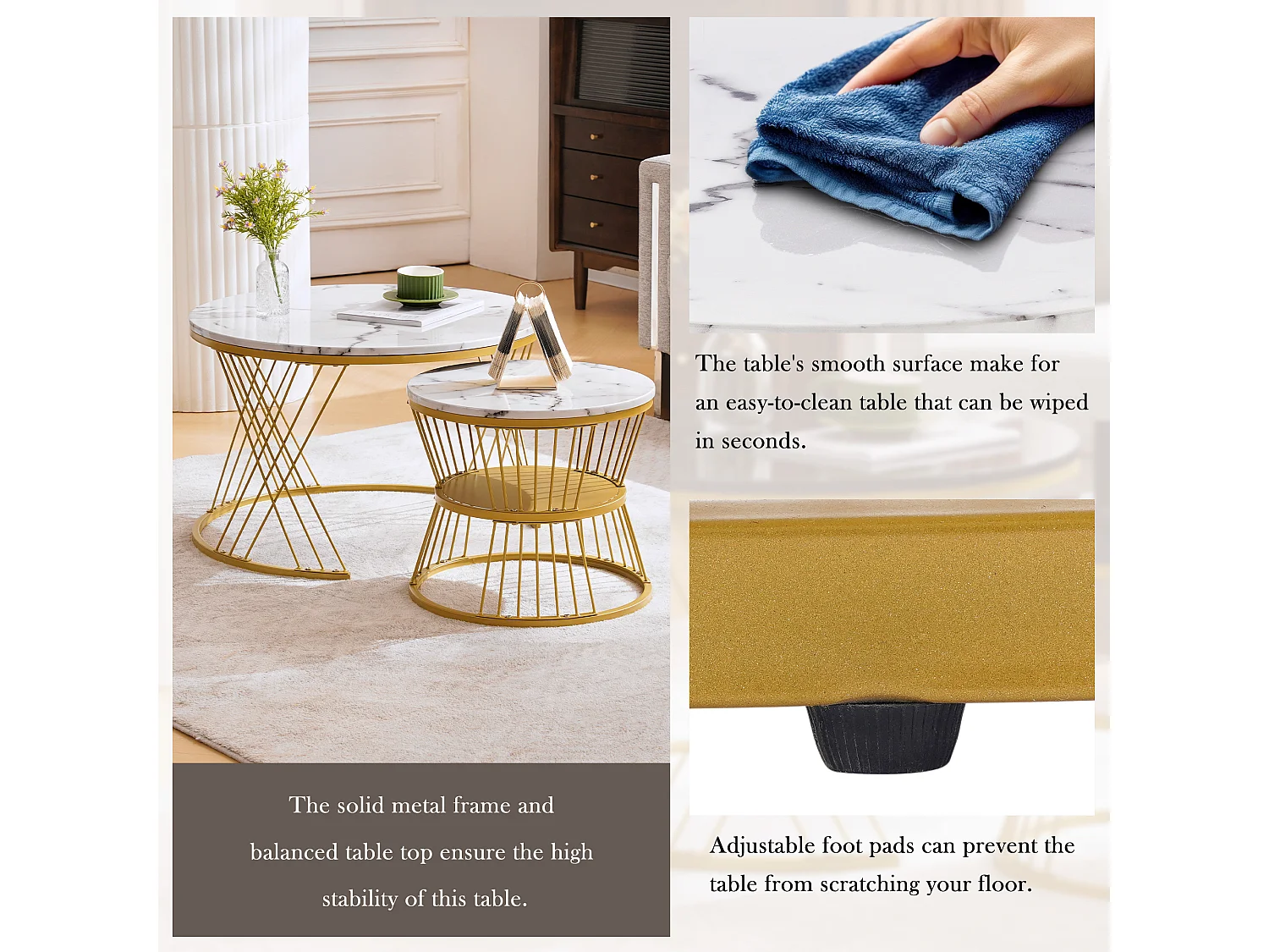 Set di 2 tavolini da caffè impilabili con ripiano - legno MDF e metallo - piani con motivo marmo - bianco