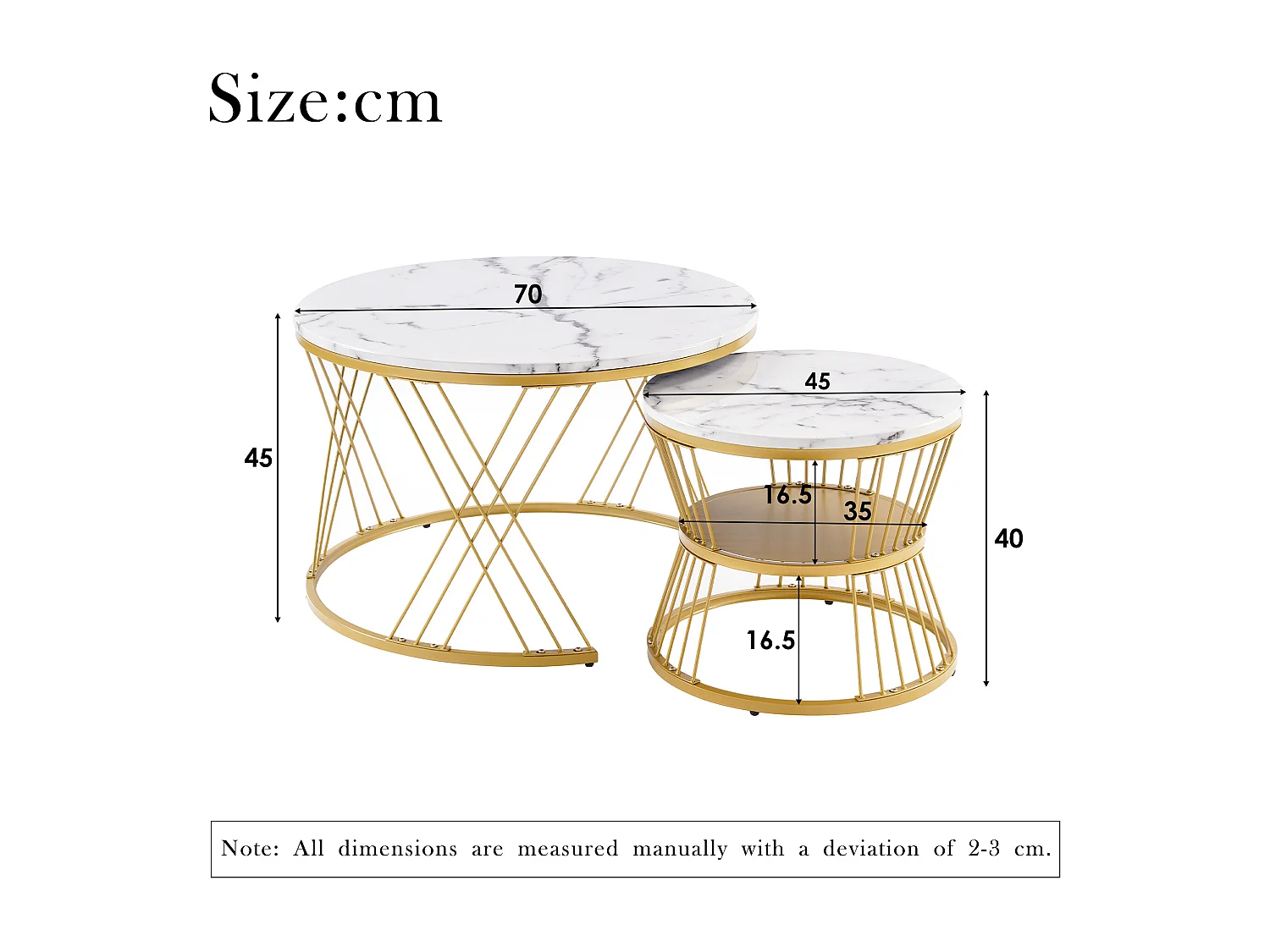 Set di 2 tavolini da caffè impilabili con ripiano - legno MDF e metallo - piani con motivo marmo - bianco