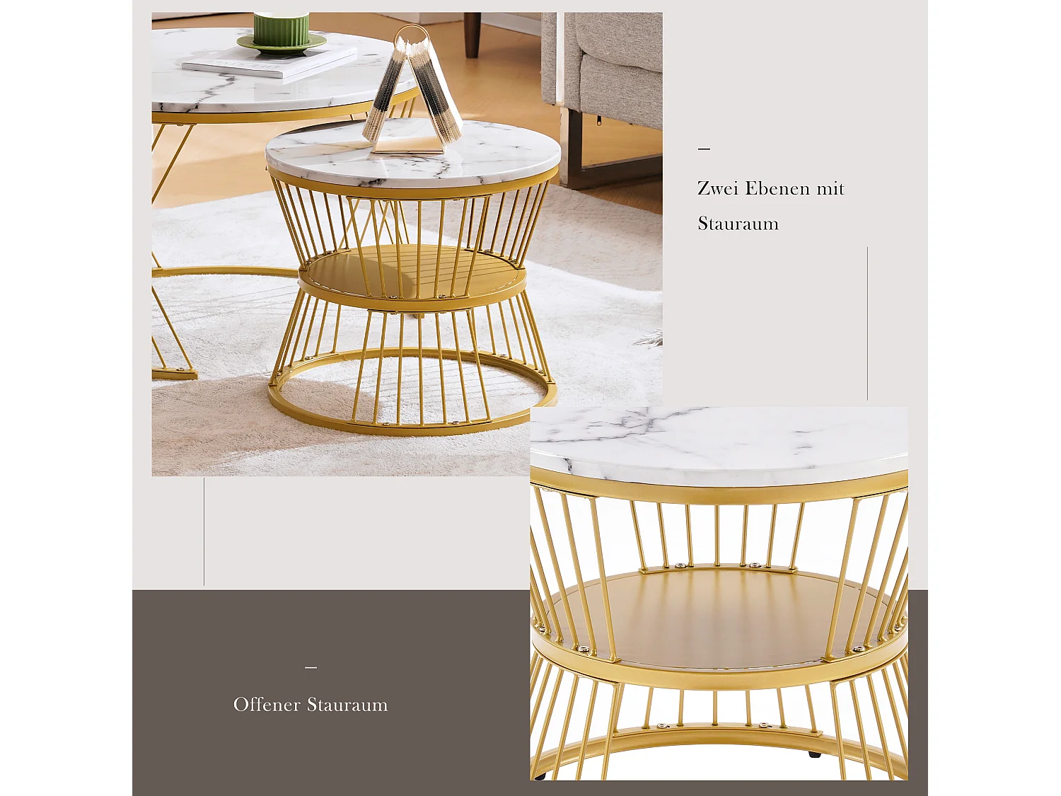 Set di 2 tavolini da caffè impilabili con ripiano - legno MDF e metallo - piani con motivo marmo - bianco