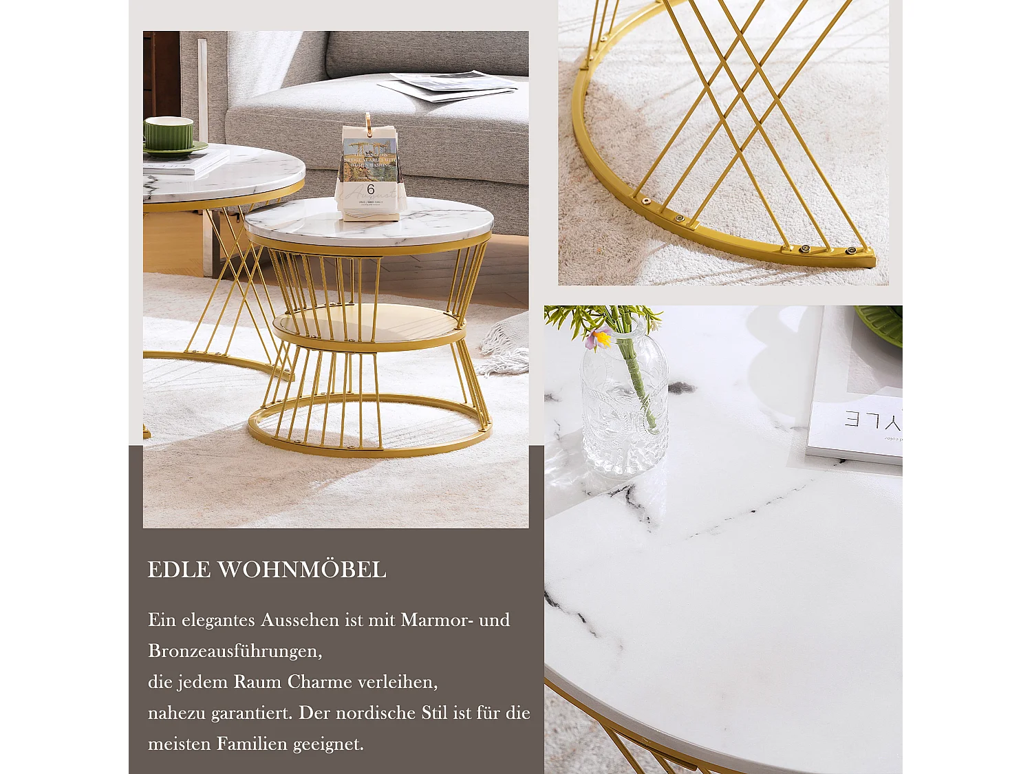 Set di 2 tavolini da caffè impilabili con ripiano - legno MDF e metallo - piani con motivo marmo - bianco