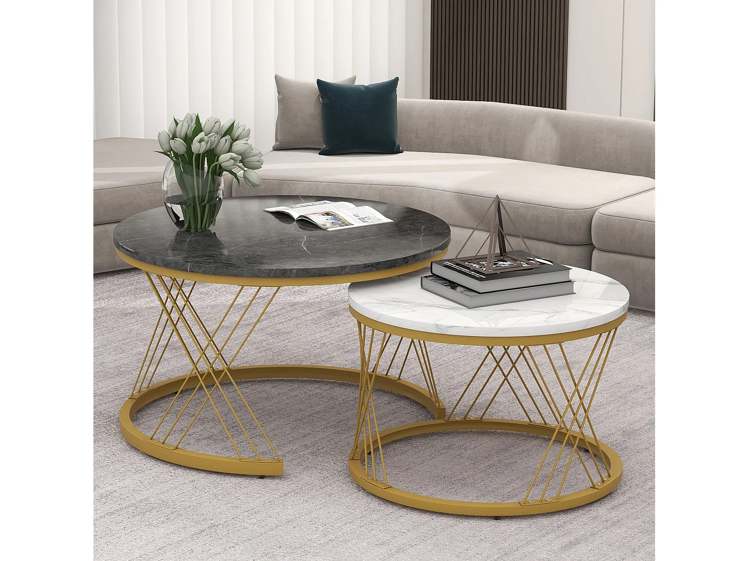 Tables basses gigognes en bois - Placage à motif marbre blanc et métal doré - MDF - pour salon - Gris & blanc