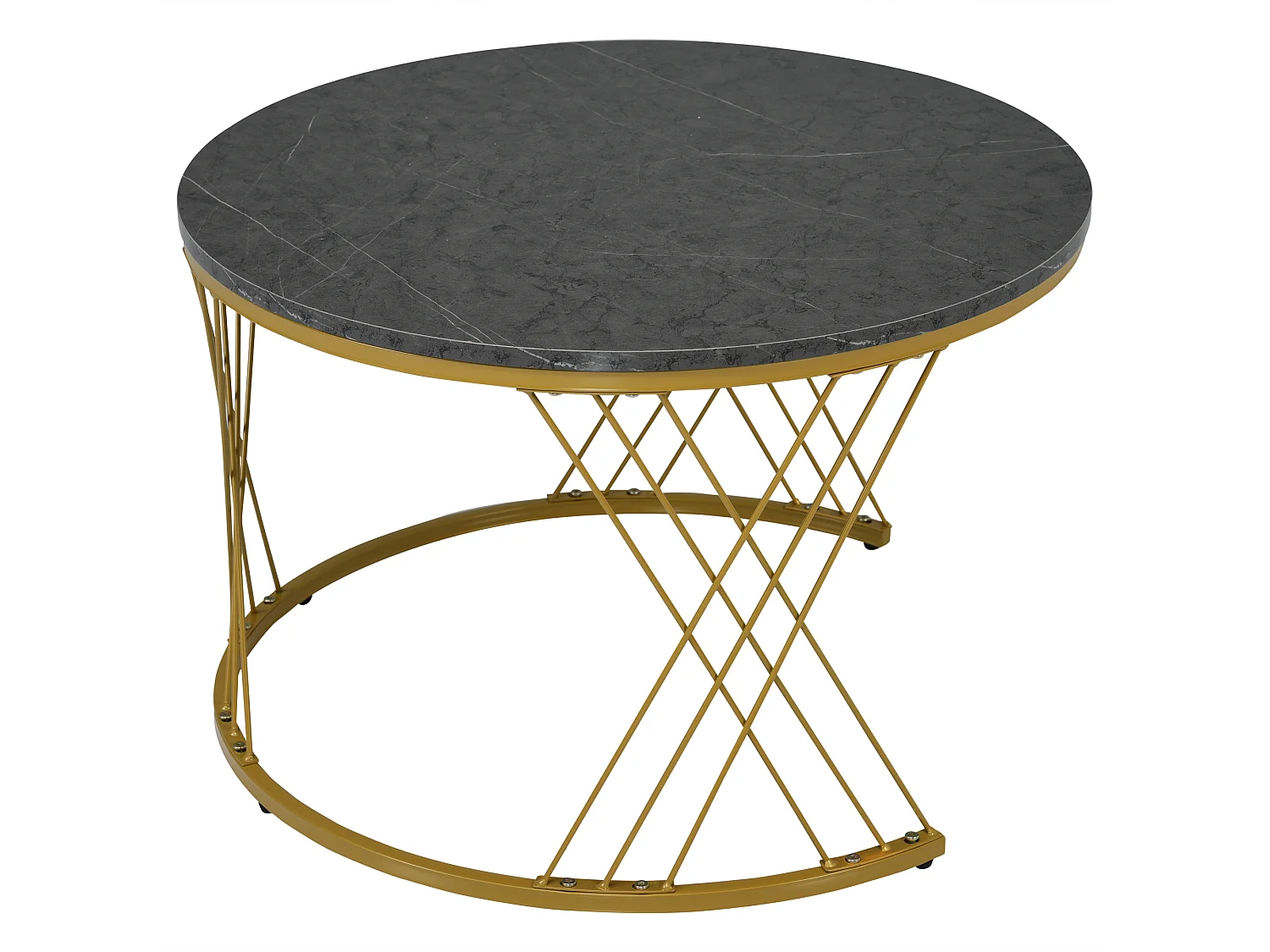 Tables basses gigognes en bois - Placage à motif marbre blanc et métal doré - MDF - pour salon - Gris & blanc