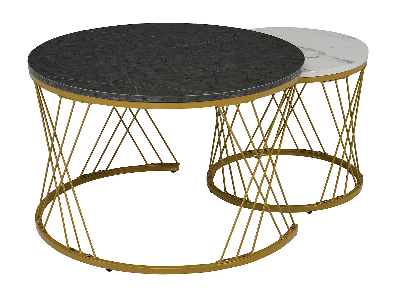 Tables basses gigognes en bois - Placage à motif marbre blanc et métal doré - MDF - pour salon - Gris & blanc