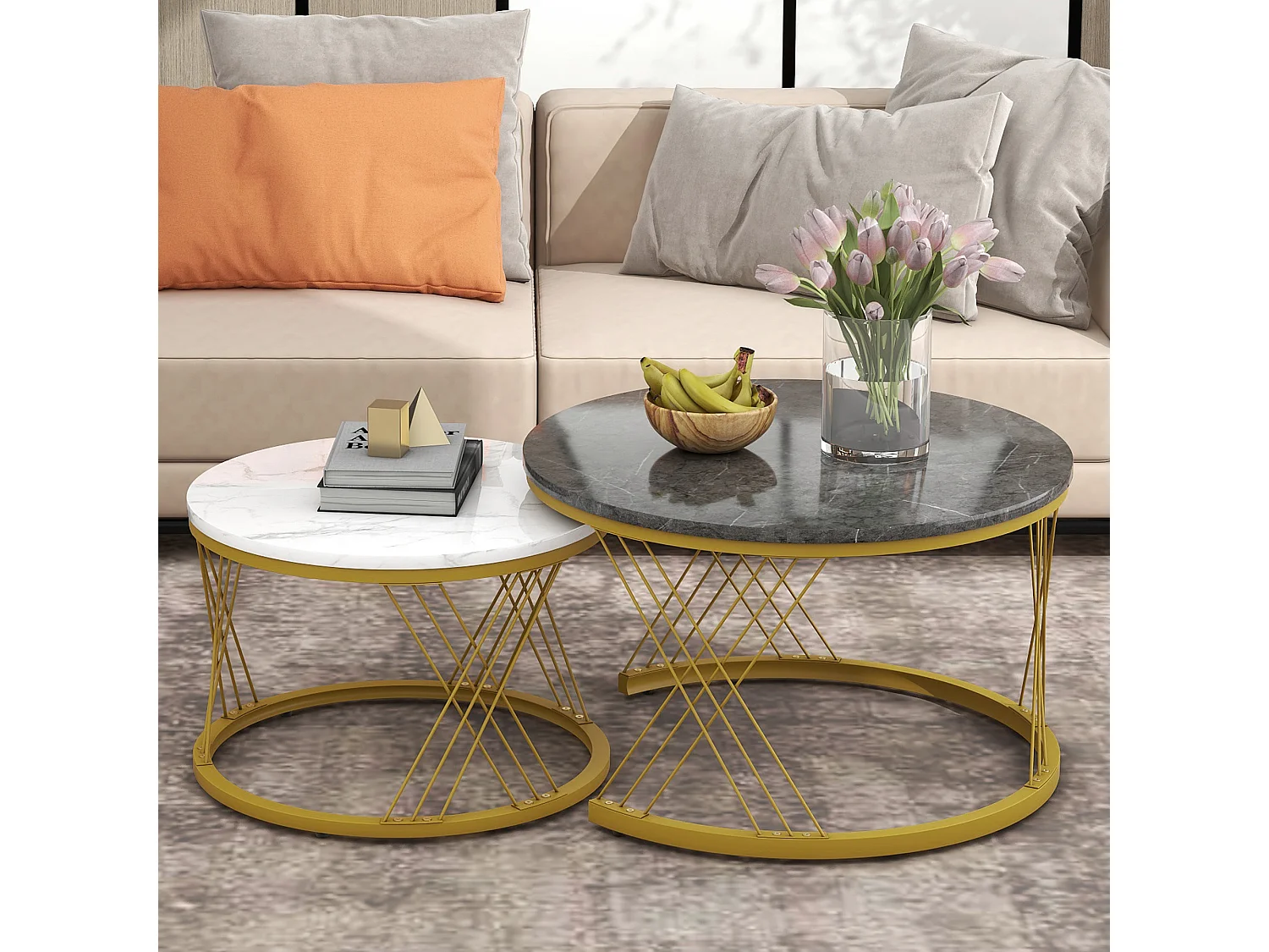 Tables basses gigognes en bois - Placage à motif marbre blanc et métal doré - MDF - pour salon - Gris & blanc