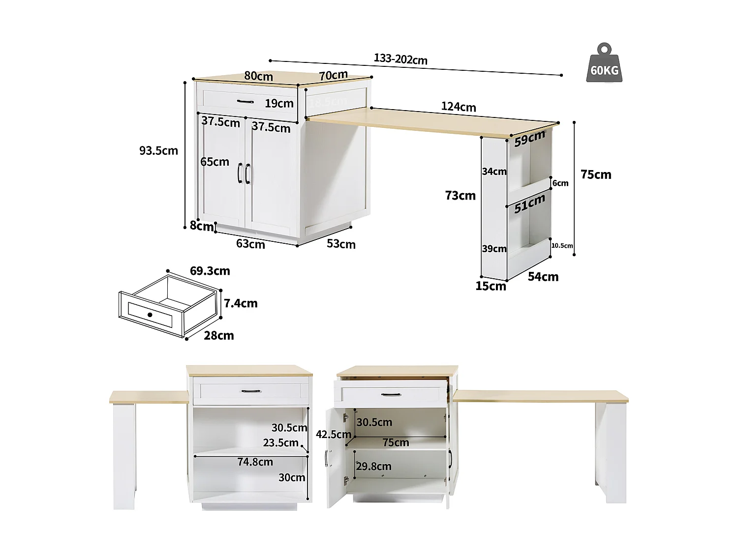 Ausziehbarer Bartisch mit Stauraum – 133–202 x 70 x 93,5 cm – mit 2 Schubladen und 2 Fächern – MDF – weiß