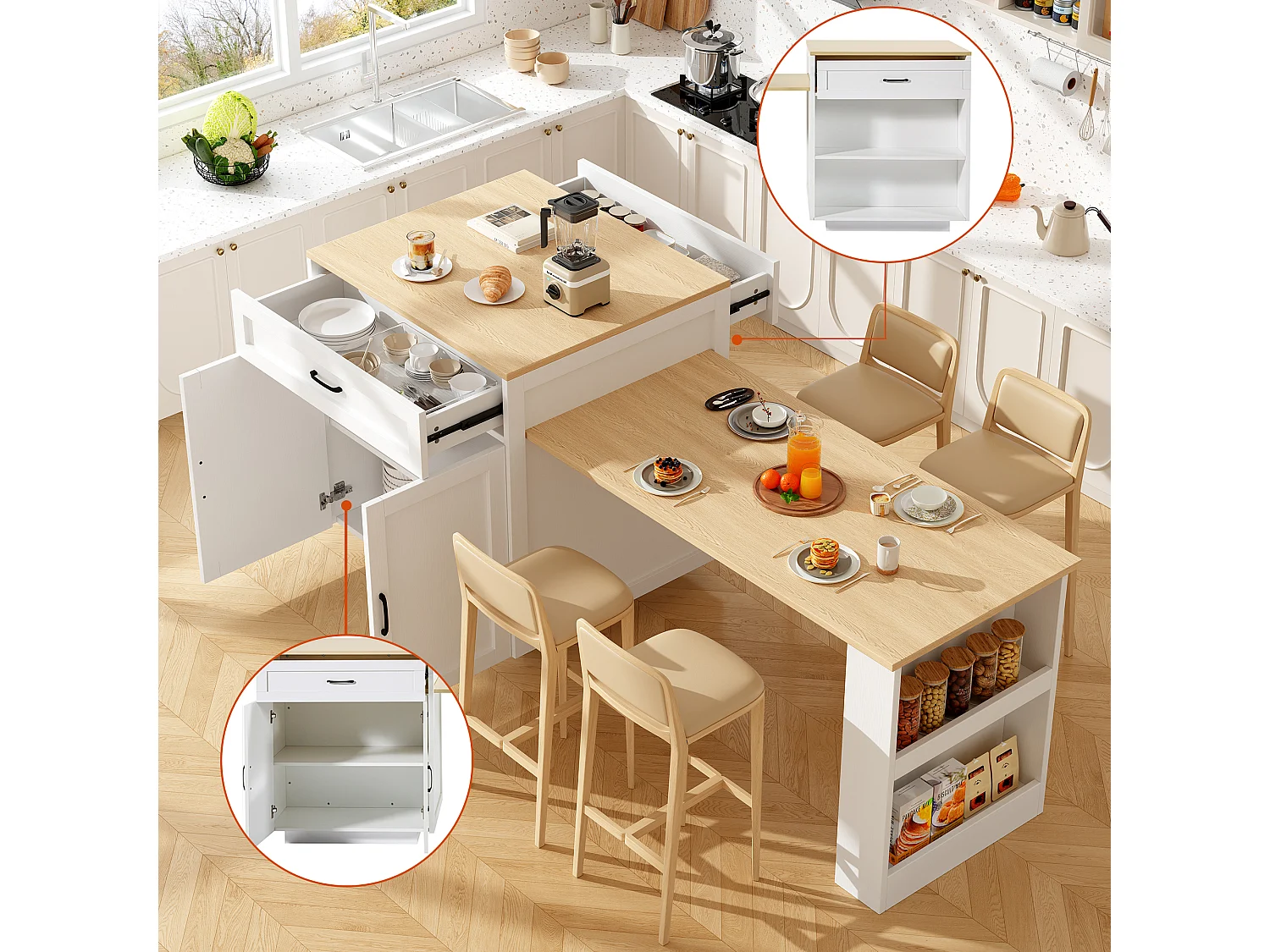 Tavolo da bar estensibile con contenitore - 133-202 x 70 x 93,5 cm - con 2 cassetti + 2 scomparti - MDF - bianco