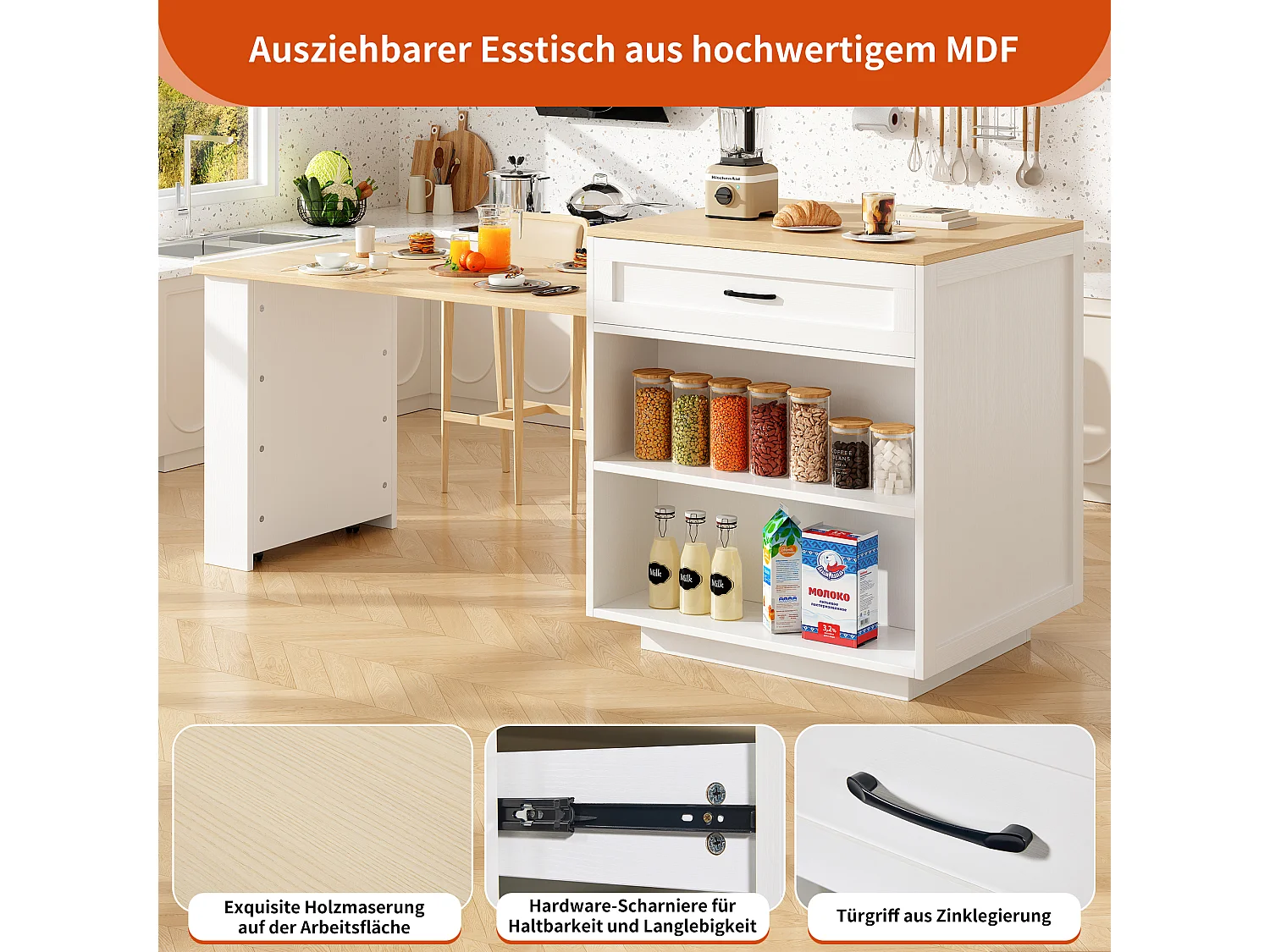 Tavolo da bar estensibile con contenitore - 133-202 x 70 x 93,5 cm - con 2 cassetti + 2 scomparti - MDF - bianco