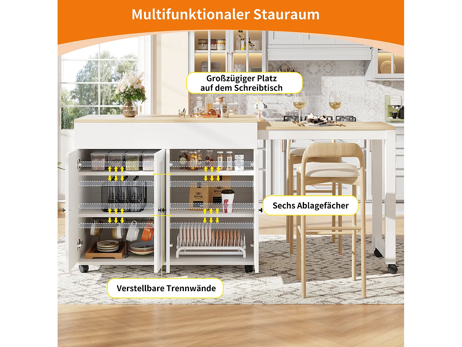 Moderne uitschuifbare bartafel - 118-180 x 50 x 94cm - met 4 deuren - voor eetkamer - MDF - wit