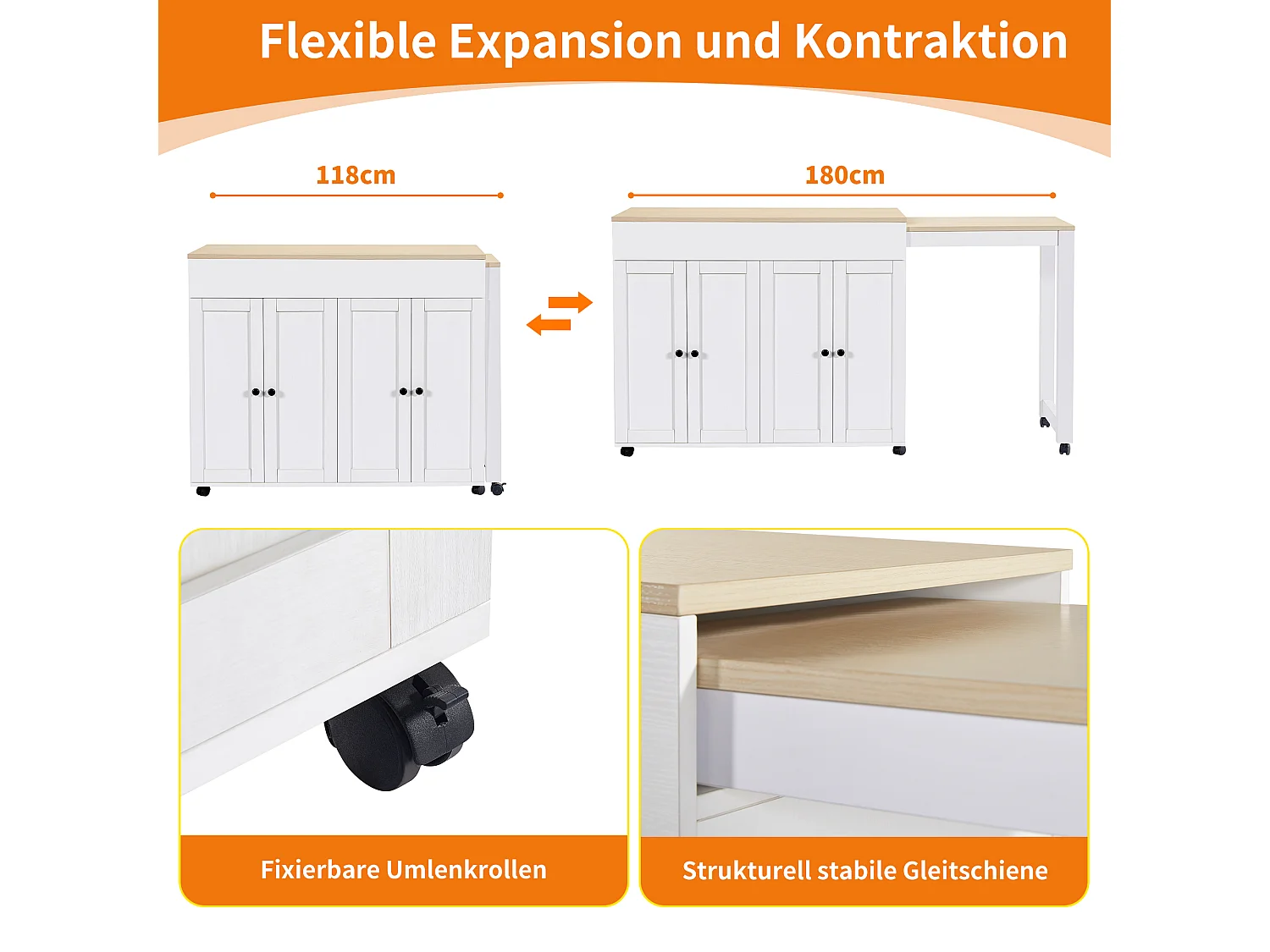 Table de bar extensible moderne - 118-180 x 50 x 94cm - avec 4 portes - pour salle à manger - MDF - blanc