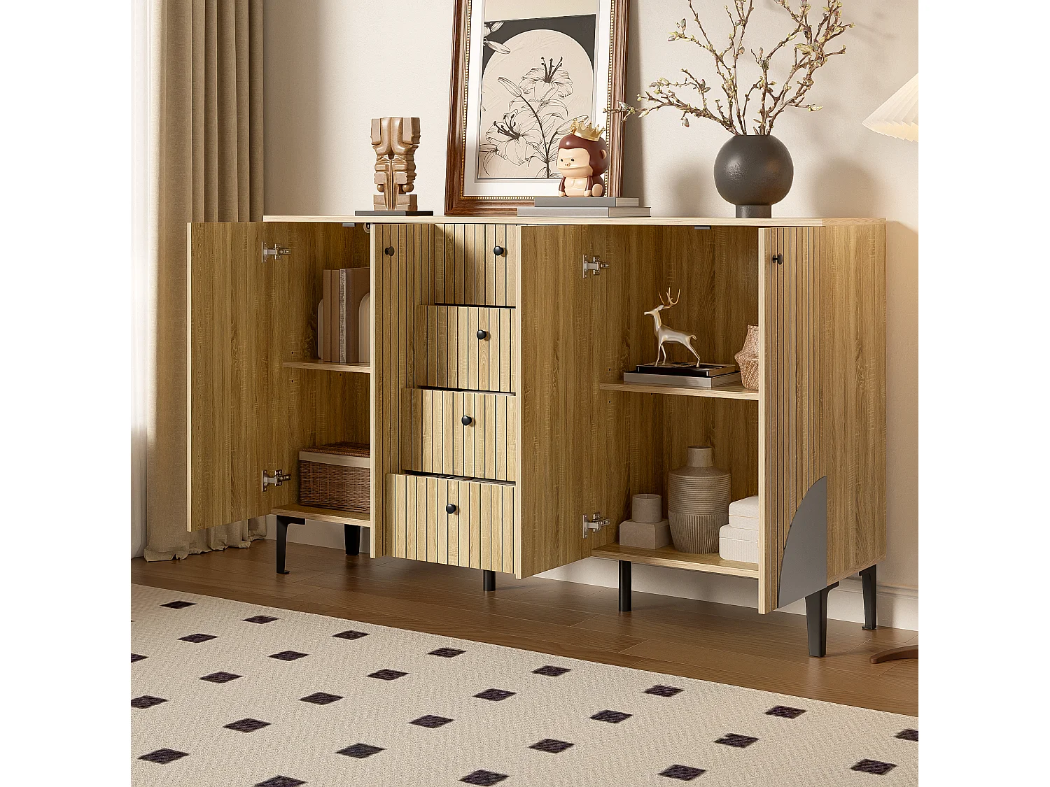 Buffet de rangement moderne en bois avec 4 portes et 4 tiroirs - 160 x 36 x 94 cm - aggloméré - naturel