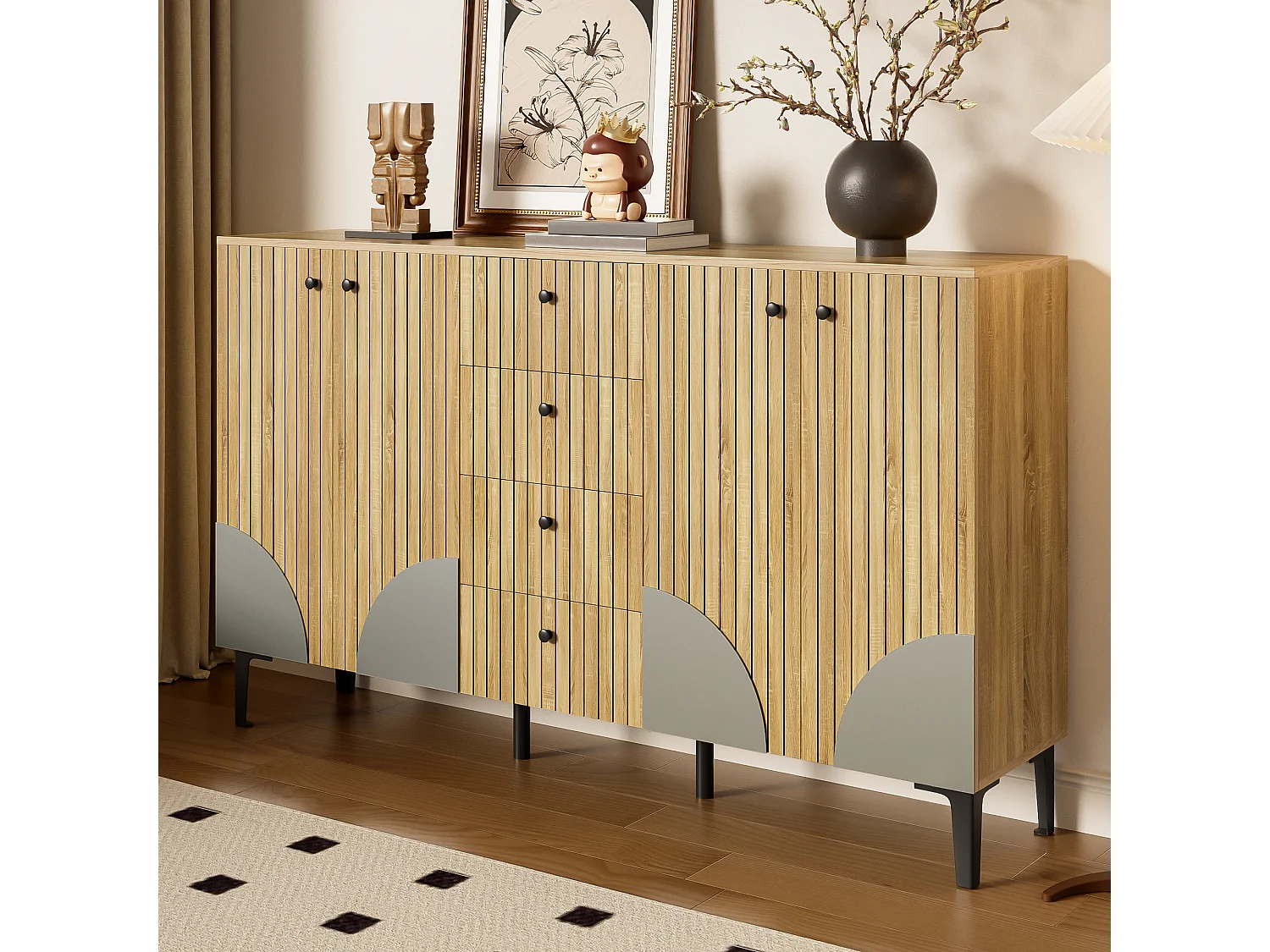 Buffet de rangement moderne en bois avec 4 portes et 4 tiroirs - 160 x 36 x 94 cm - aggloméré - naturel