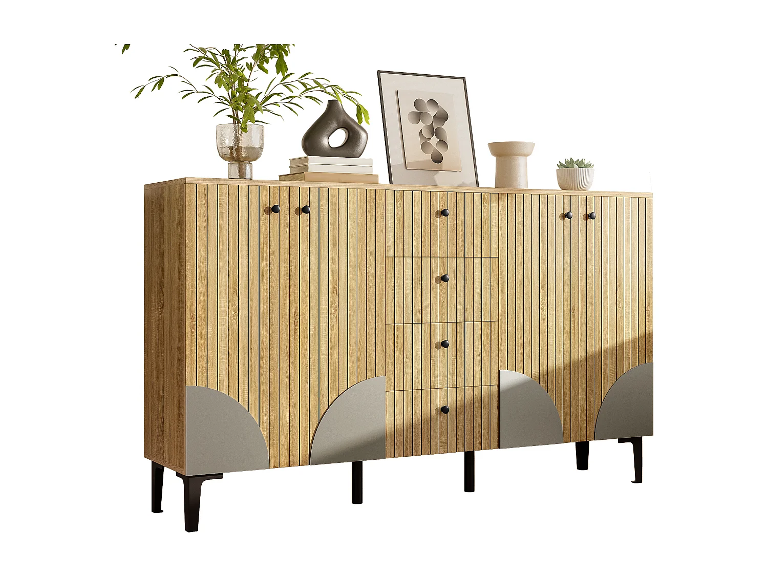 Modernes Sideboard aus Holz mit 4 Türen und 4 Schubladen – 160 x 36 x 94 cm – Spanplatte – natur