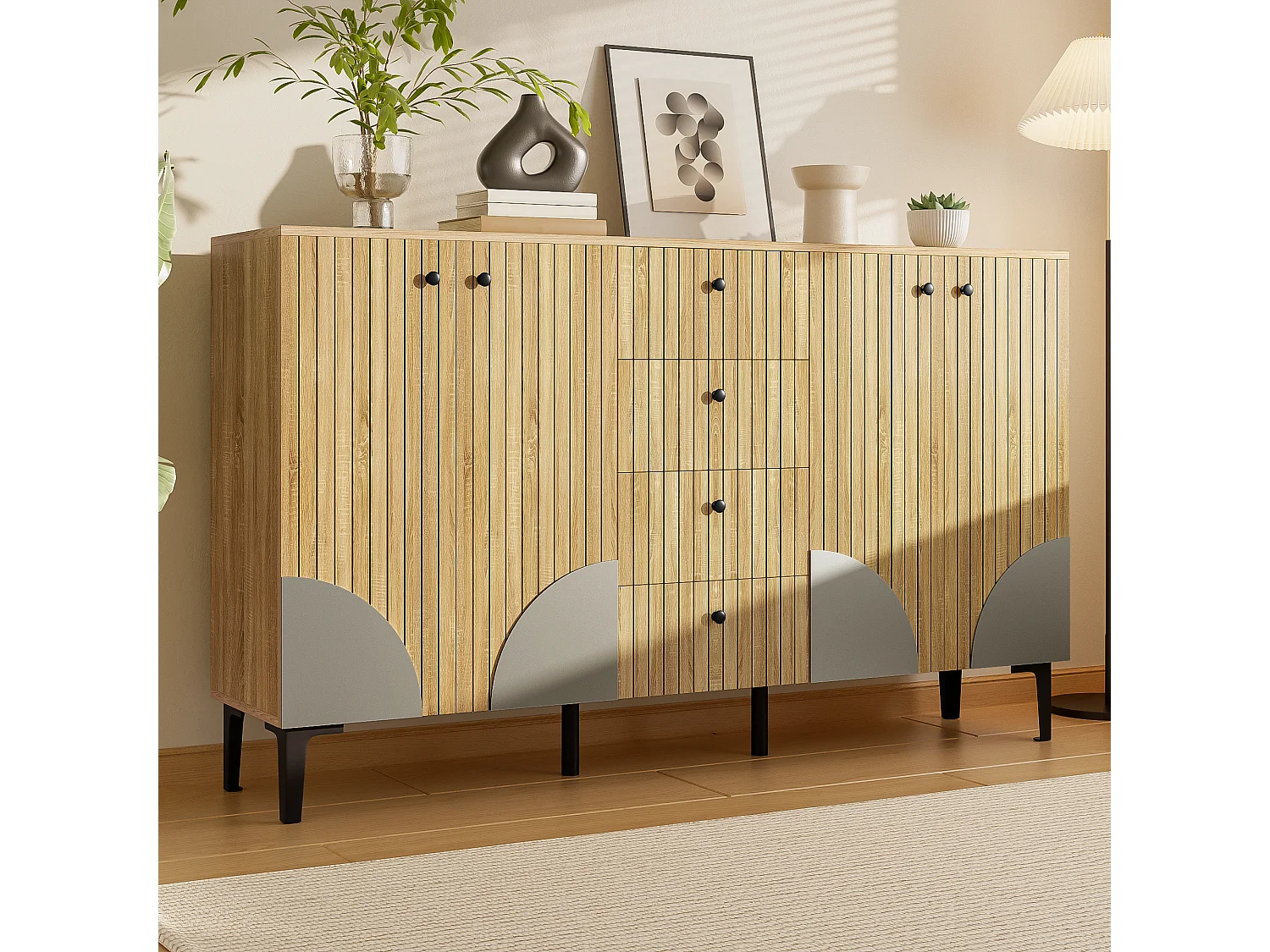 Modernes Sideboard aus Holz mit 4 Türen und 4 Schubladen – 160 x 36 x 94 cm – Spanplatte – natur