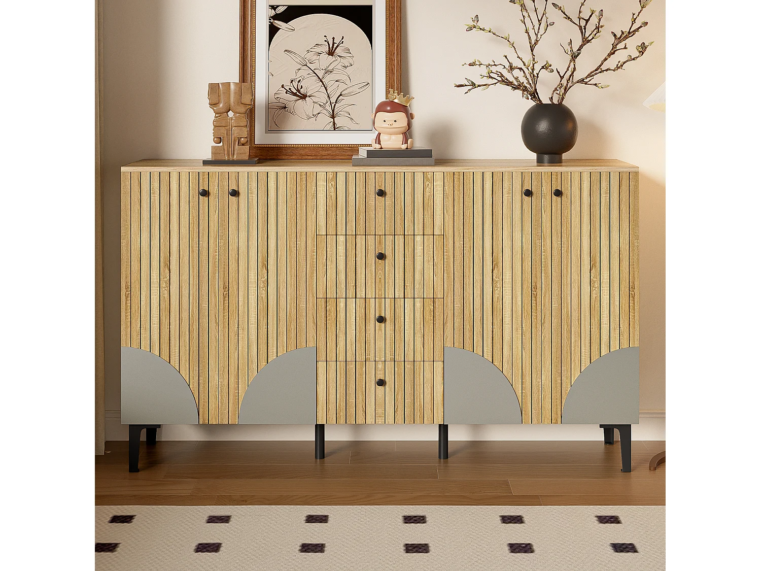 Modernes Sideboard aus Holz mit 4 Türen und 4 Schubladen – 160 x 36 x 94 cm – Spanplatte – natur