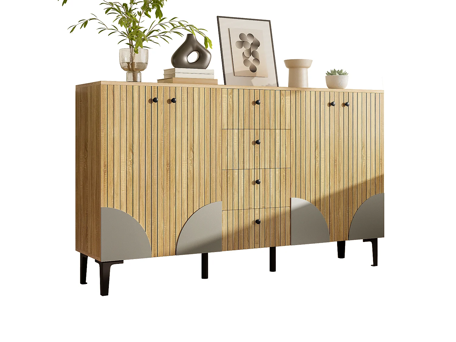 Buffet de rangement moderne en bois avec 4 portes et 4 tiroirs - 160 x 36 x 94 cm - aggloméré - naturel
