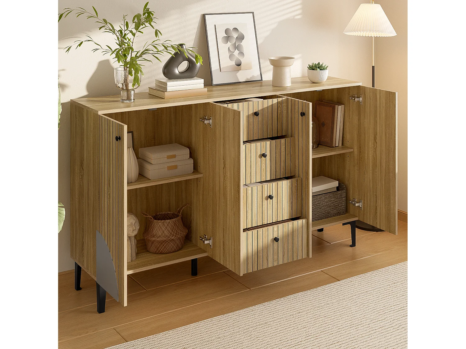 Buffet de rangement moderne en bois avec 4 portes et 4 tiroirs - 160 x 36 x 94 cm - aggloméré - naturel