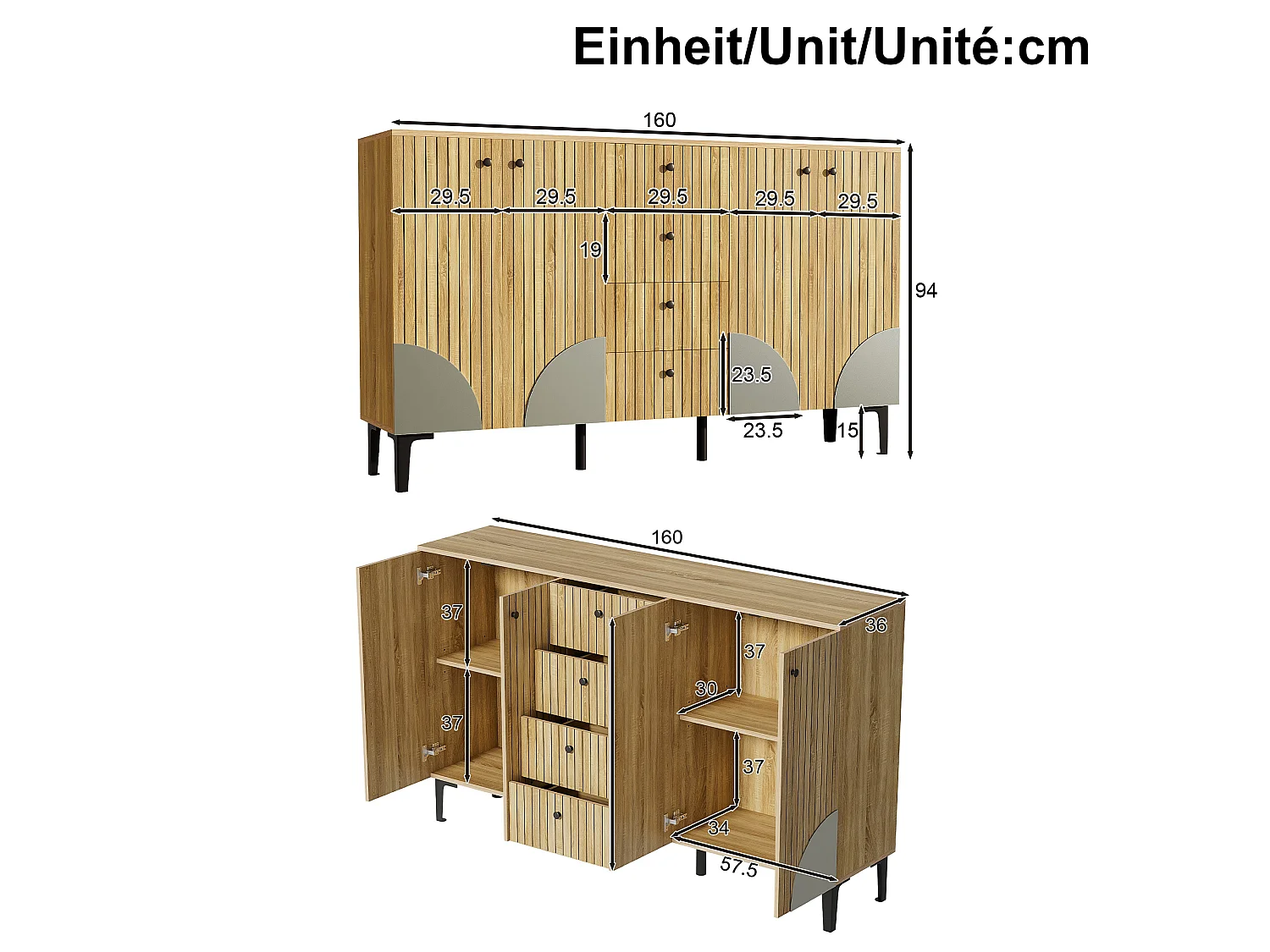 Buffet de rangement moderne en bois avec 4 portes et 4 tiroirs - 160 x 36 x 94 cm - aggloméré - naturel