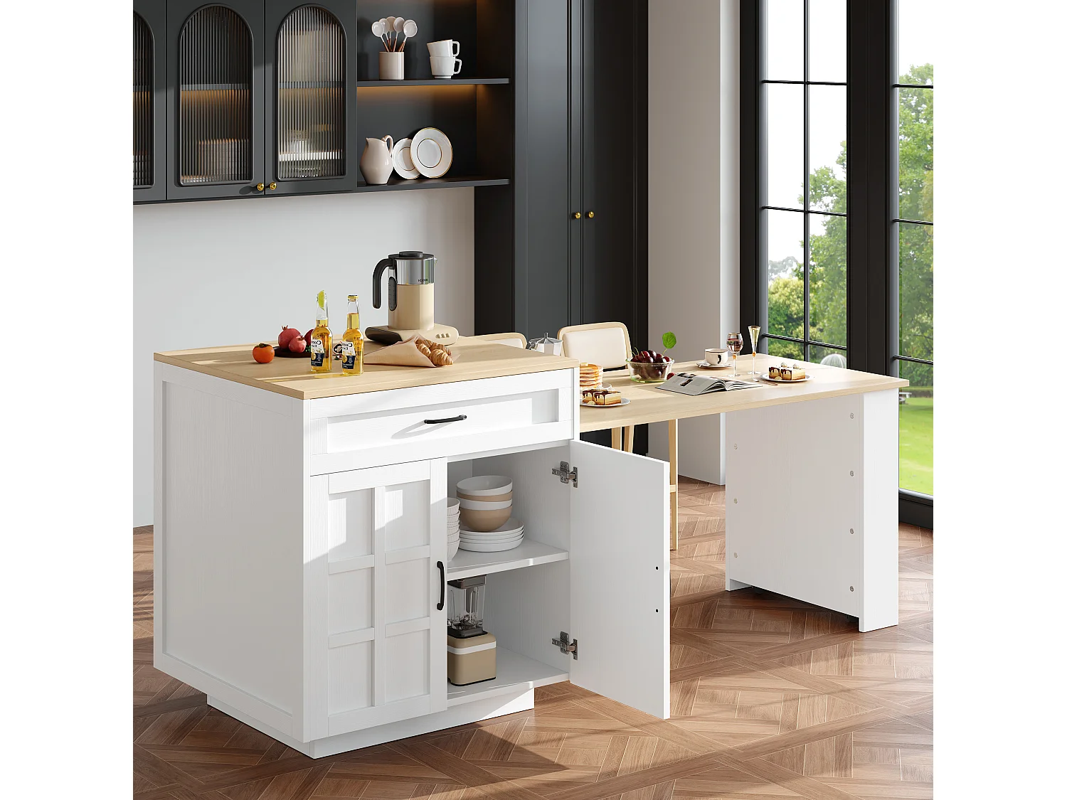 Tavolo da bar estensibile con contenitore - 133-202 x 70 x 93,5 cm - con 2 cassetti + 4 scomparti - MDF - bianco