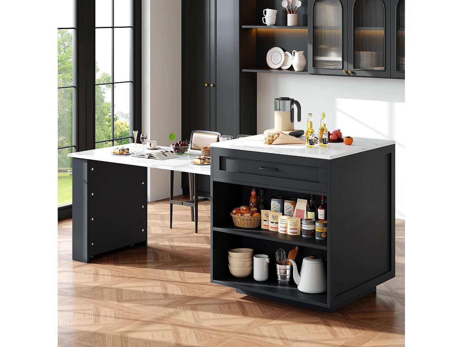 Ausziehbarer Bartisch mit Stauraum – 133–202 x 70 x 93,5 cm – mit 2 Schubladen und 4 Fächern – MDF – schwarz