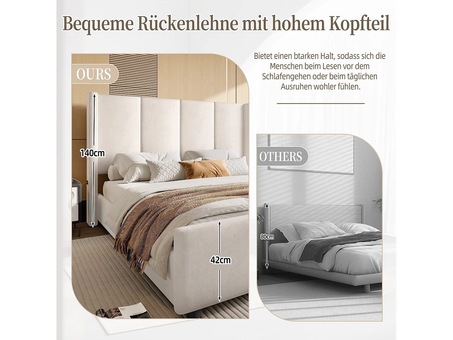 Cadre de lit capitonné moderne - 140 x 190 cm - avec tête et pied de lit hauts + USB - velours - beige