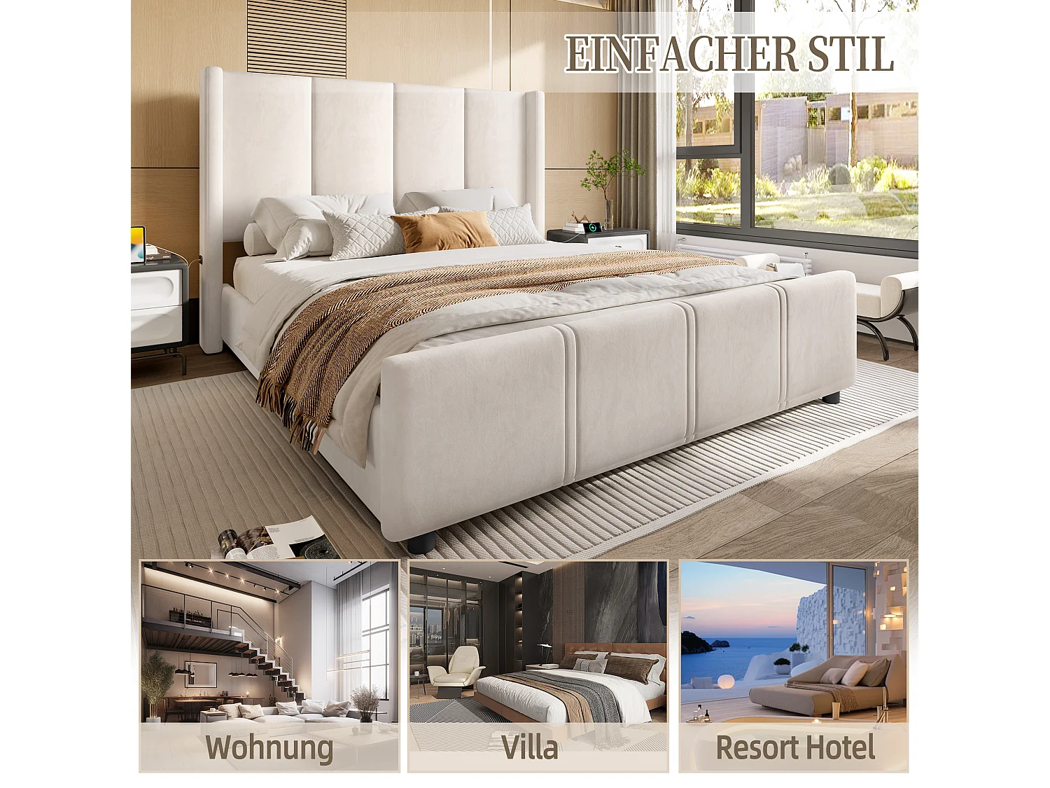 Cadre de lit capitonné moderne - 140 x 190 cm - avec tête et pied de lit hauts + USB - velours - beige