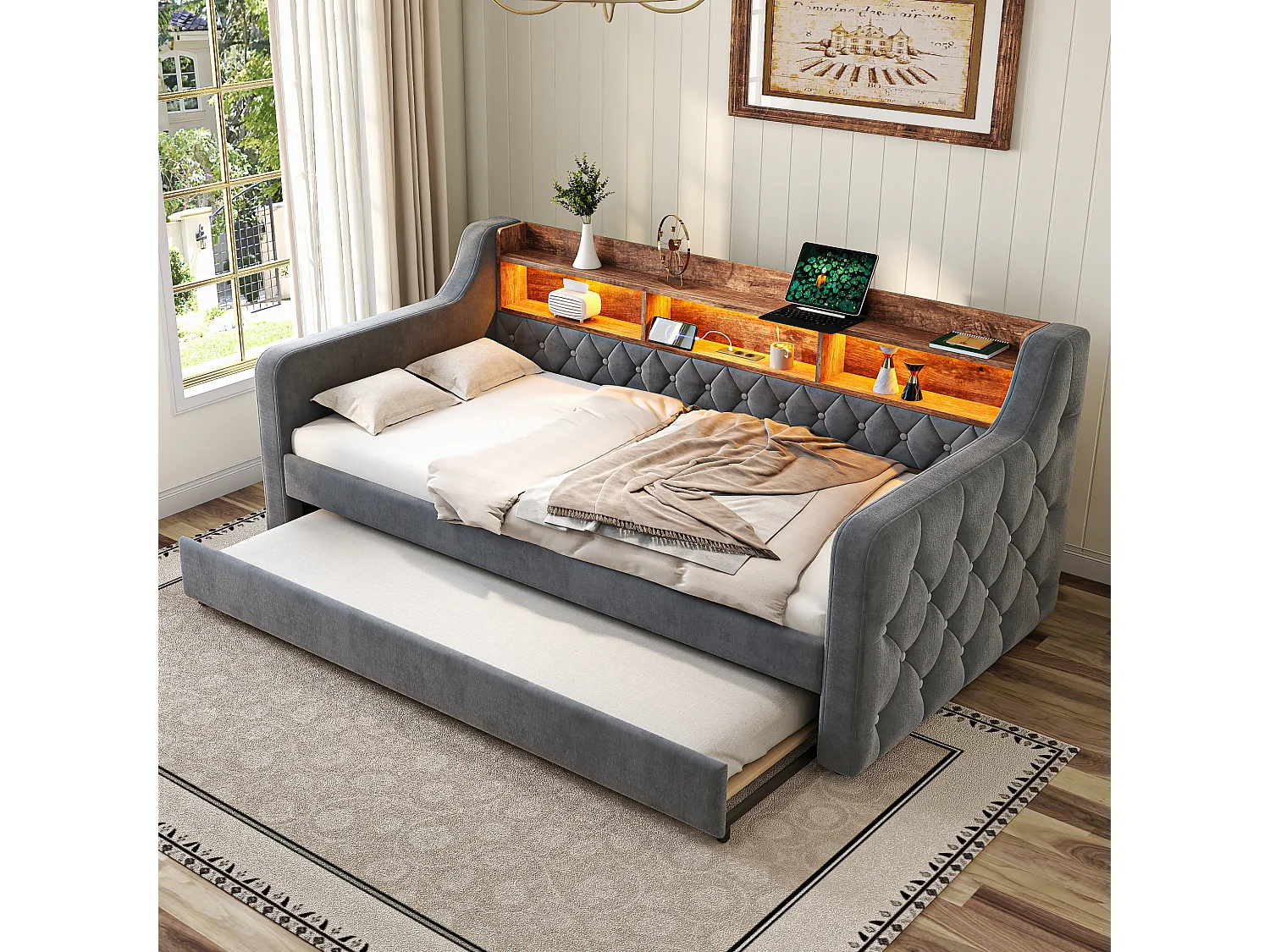 Sofá-cama com cama auxiliar - 2 x 90 x 190 cm - com prateleira de arrumação + LEDs + USB - veludo - cinzento