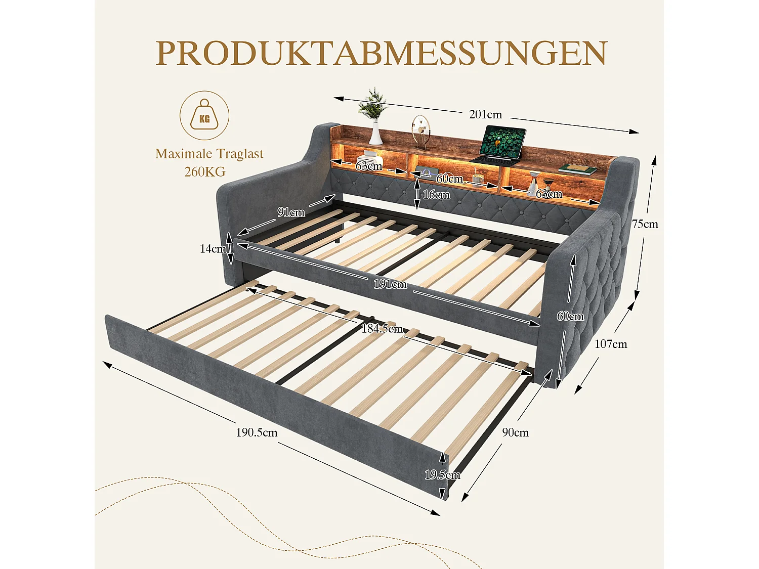 Sofá-cama com cama auxiliar - 2 x 90 x 190 cm - com prateleira de arrumação + LEDs + USB - veludo - cinzento