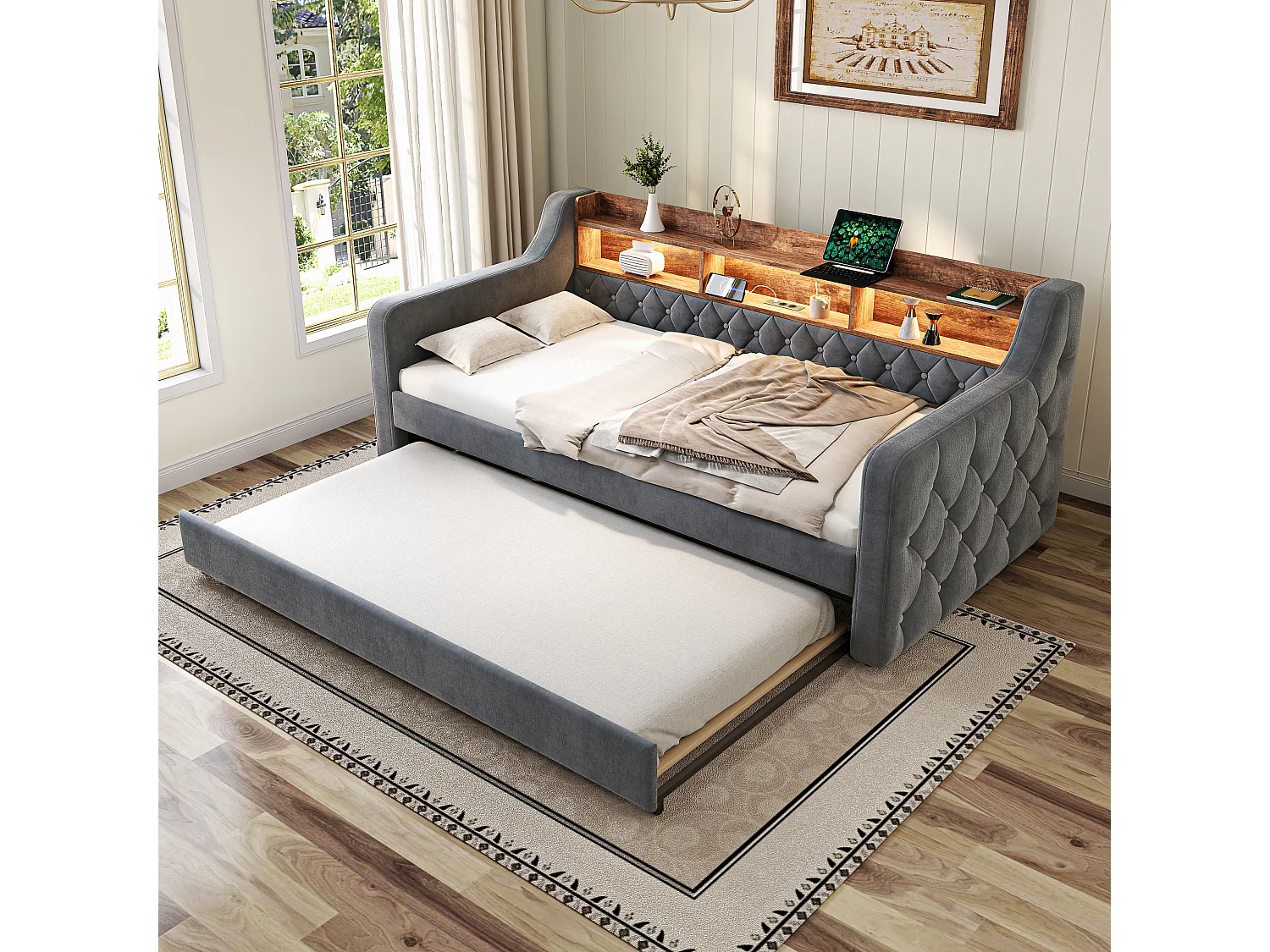 Sofá-cama com cama auxiliar - 2 x 90 x 190 cm - com prateleira de arrumação + LEDs + USB - veludo - cinzento