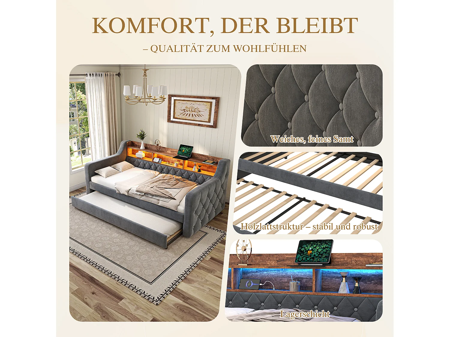 Sofá-cama com cama auxiliar - 2 x 90 x 190 cm - com prateleira de arrumação + LEDs + USB - veludo - cinzento