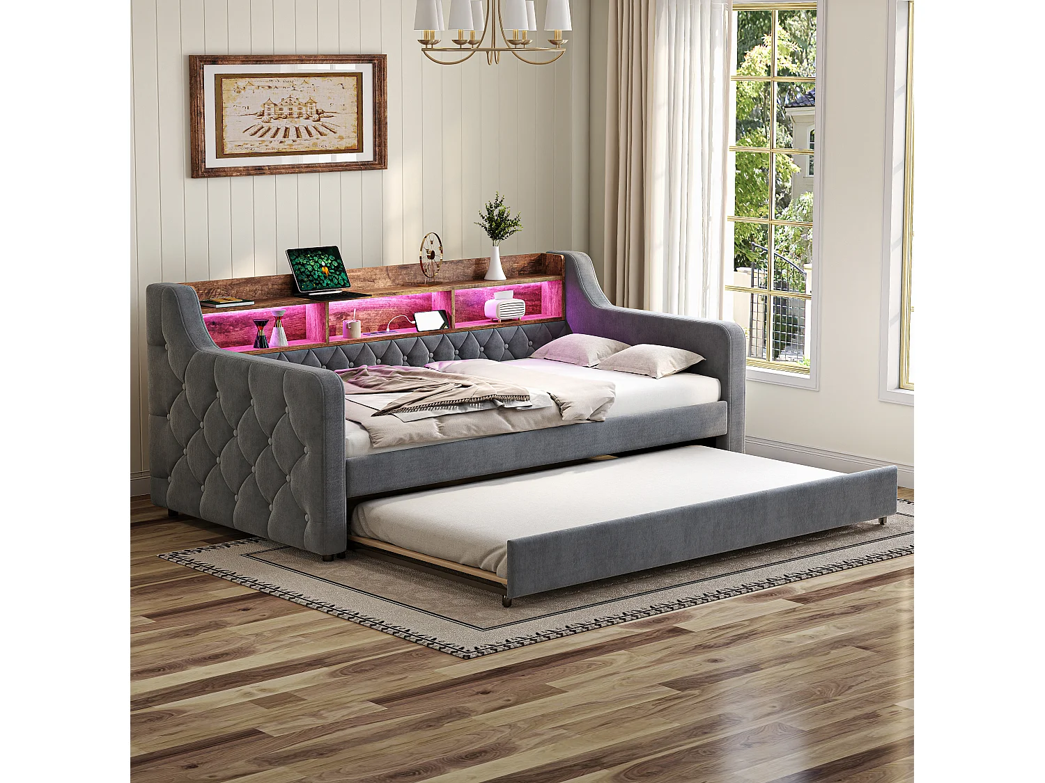 Sofá-cama com cama auxiliar - 2 x 90 x 190 cm - com prateleira de arrumação + LEDs + USB - veludo - cinzento