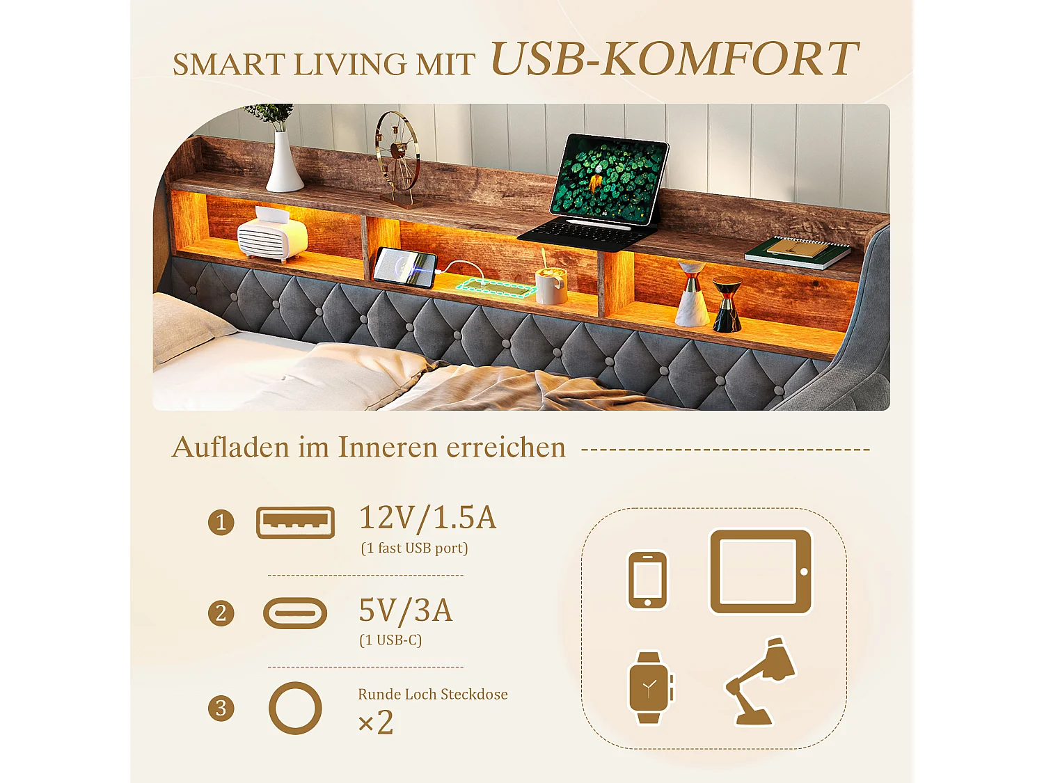 Canapé-lit avec lit gigogne - 2 x 90 x 190 cm - avec étagère de rangement + Leds + USB - velours - gris