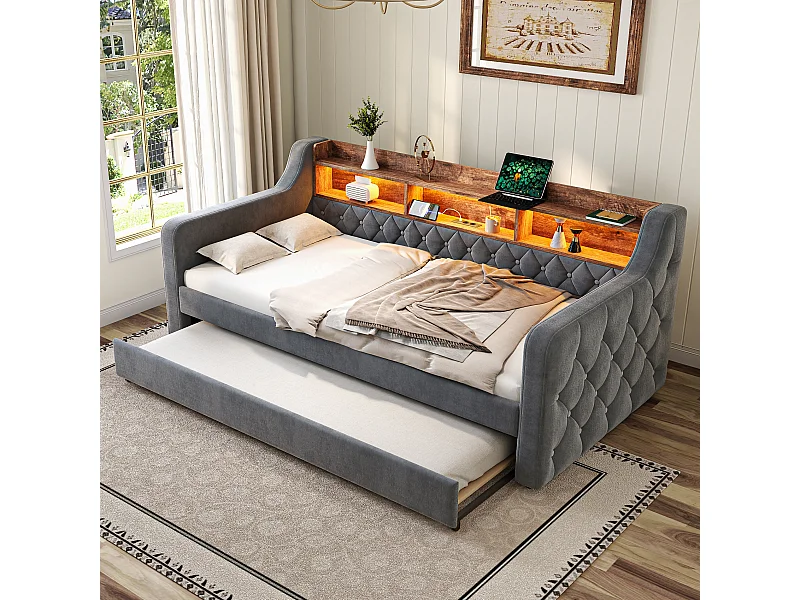 Canapé-lit avec lit gigogne - 2 x 90 x 190 cm - avec étagère de rangement + Leds + USB - velours - gris