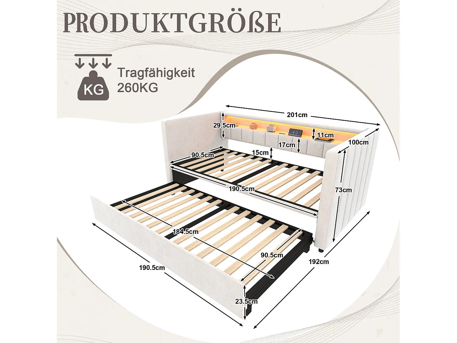 Canapé-lit gigogne - 90/180 x 190 cm - avec + USB + Leds + espace de rangemenle - velours - beige