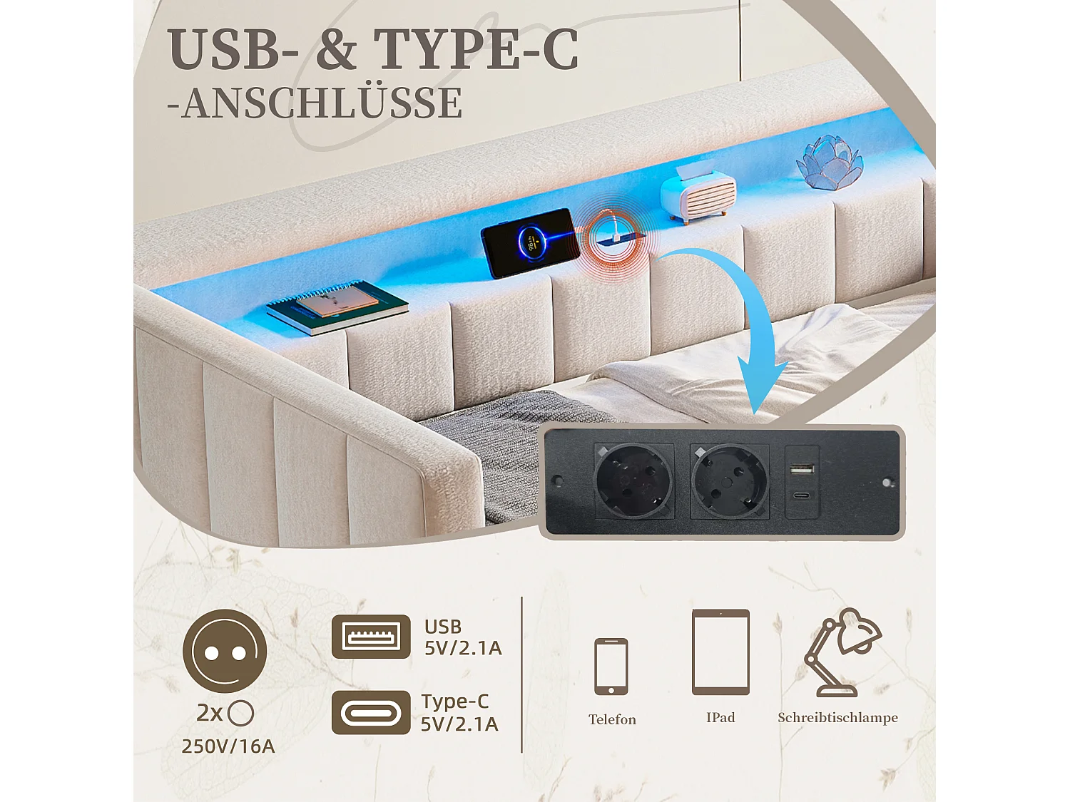 Canapé-lit gigogne - 90/180 x 190 cm - avec + USB + Leds + espace de rangemenle - velours - beige