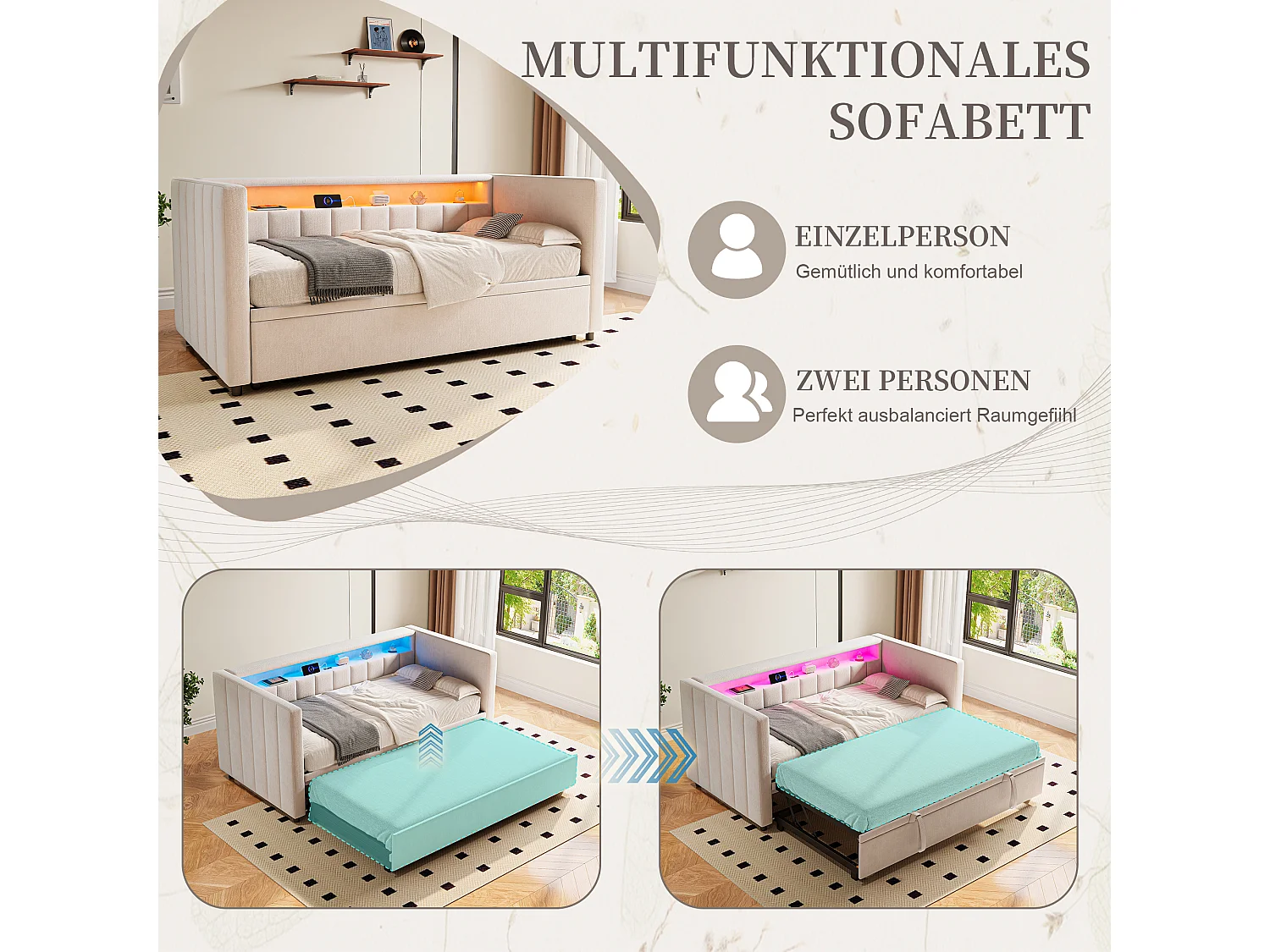 Canapé-lit gigogne - 90/180 x 190 cm - avec + USB + Leds + espace de rangemenle - velours - beige