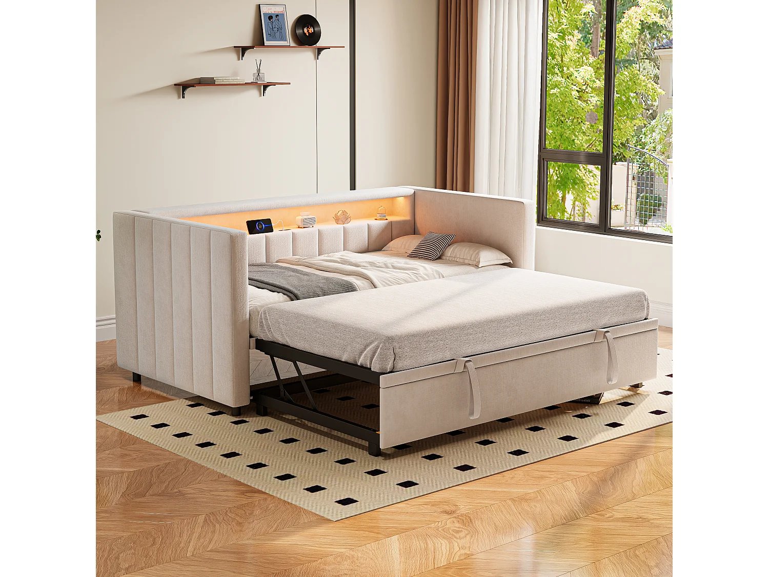 Canapé-lit gigogne - 90/180 x 190 cm - avec + USB + Leds + espace de rangemenle - velours - beige