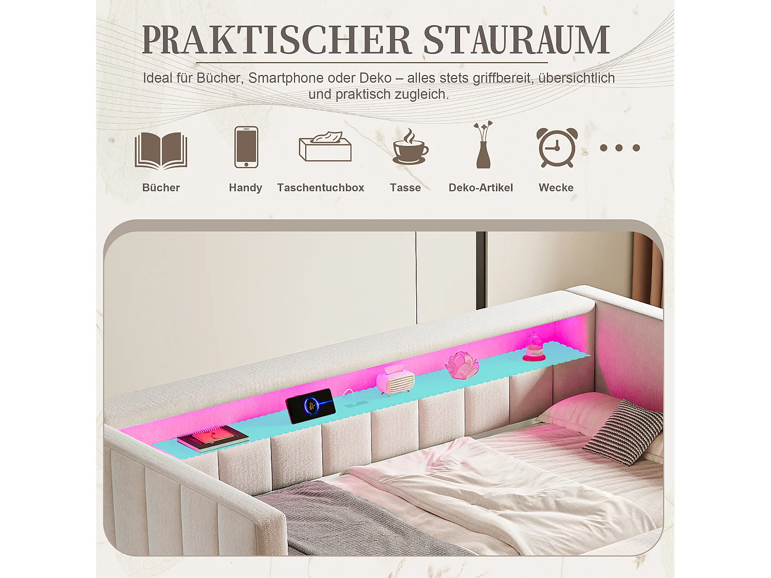 Canapé-lit gigogne - 90/180 x 190 cm - avec + USB + Leds + espace de rangemenle - velours - beige