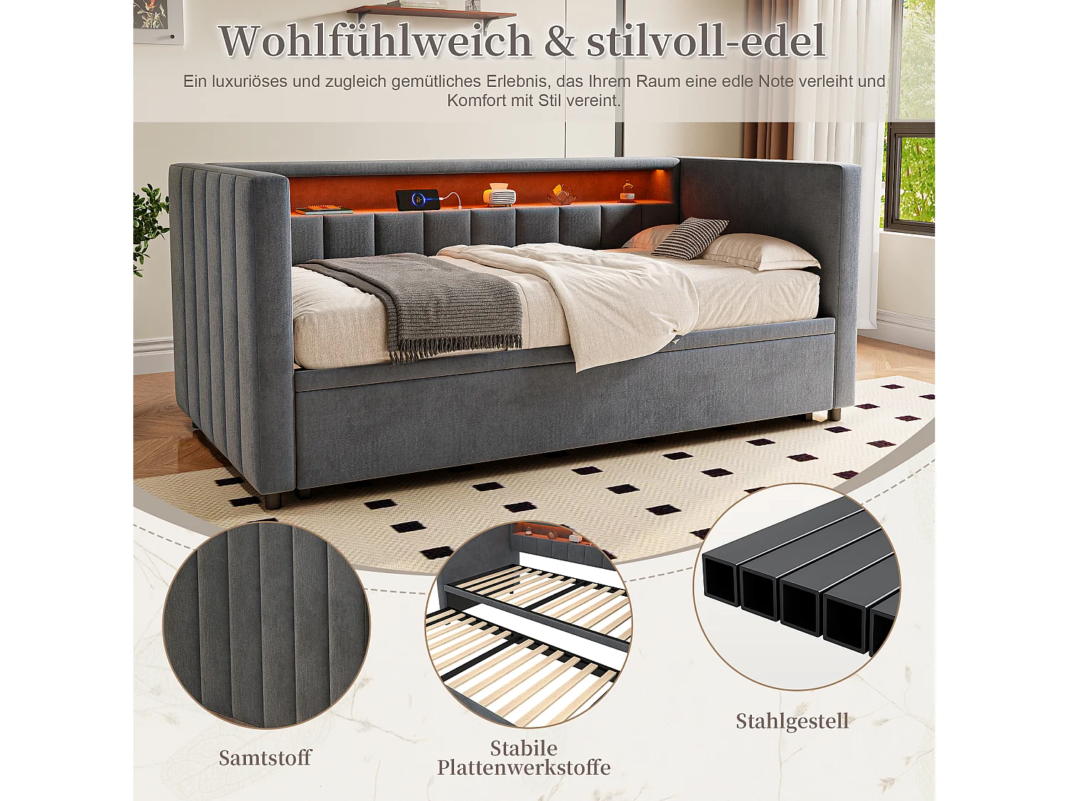 Canapé-lit gigogne - 90/180 x 190 cm - avec + USB + Leds + espace de rangemenle - velours - gris