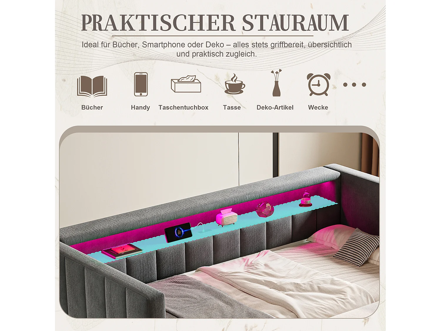 Canapé-lit gigogne - 90/180 x 190 cm - avec + USB + Leds + espace de rangemenle - velours - gris