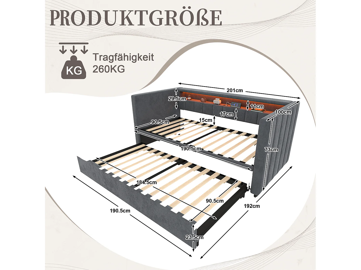 Canapé-lit gigogne - 90/180 x 190 cm - avec + USB + Leds + espace de rangemenle - velours - gris