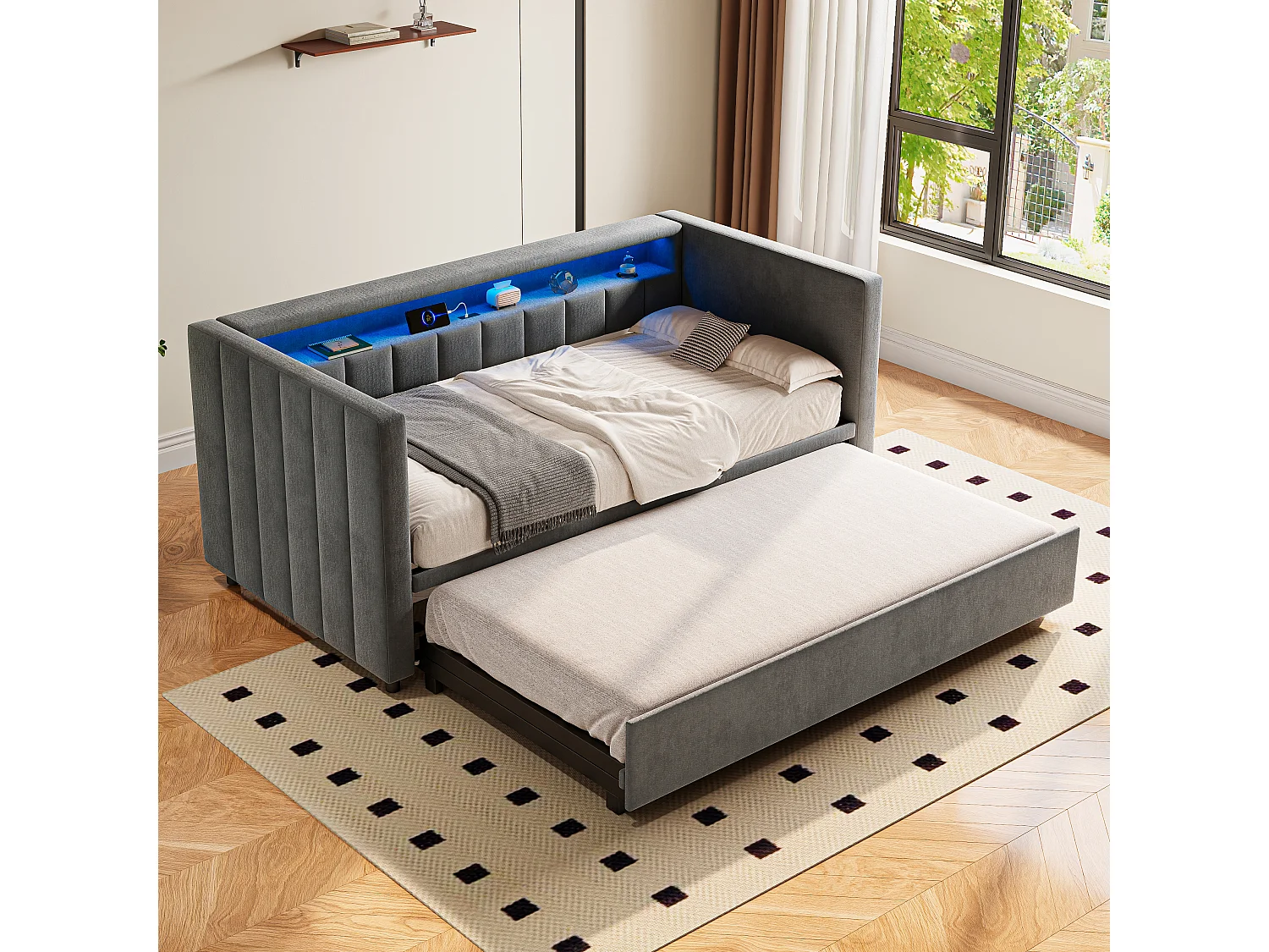 Canapé-lit gigogne - 90/180 x 190 cm - avec + USB + Leds + espace de rangemenle - velours - gris