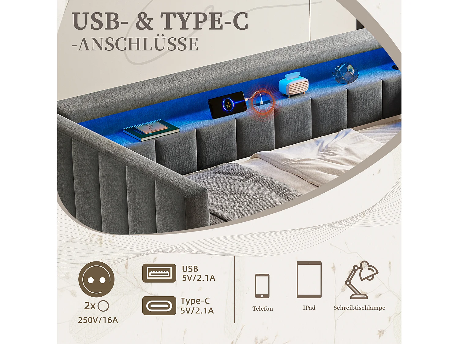 Canapé-lit gigogne - 90/180 x 190 cm - avec + USB + Leds + espace de rangemenle - velours - gris