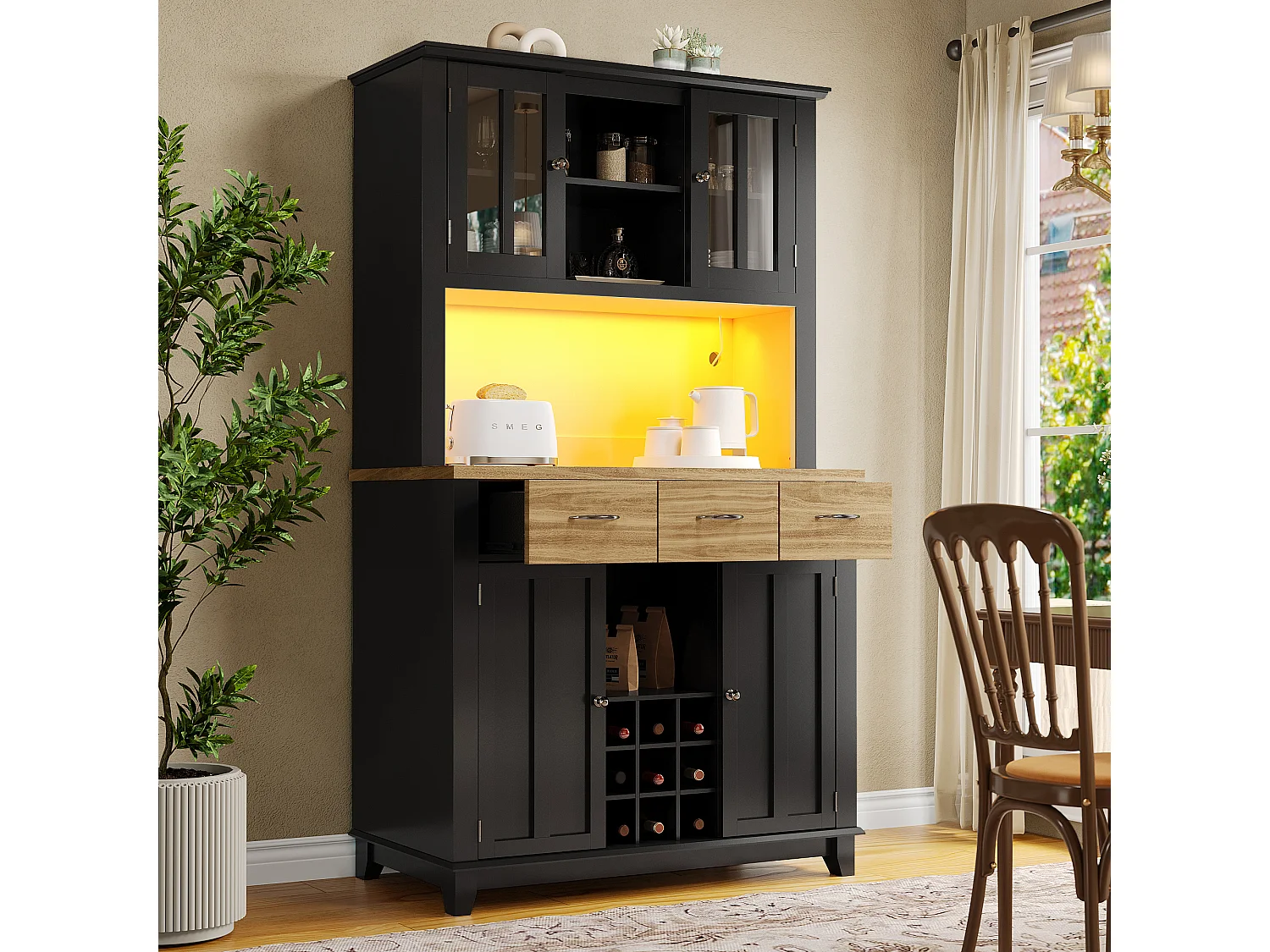Buffet haut de cuisine avec 4 portes + 3 tiroirs + étagère + Leds - 106 x 40 x 179.5 cm - MDF - noir
