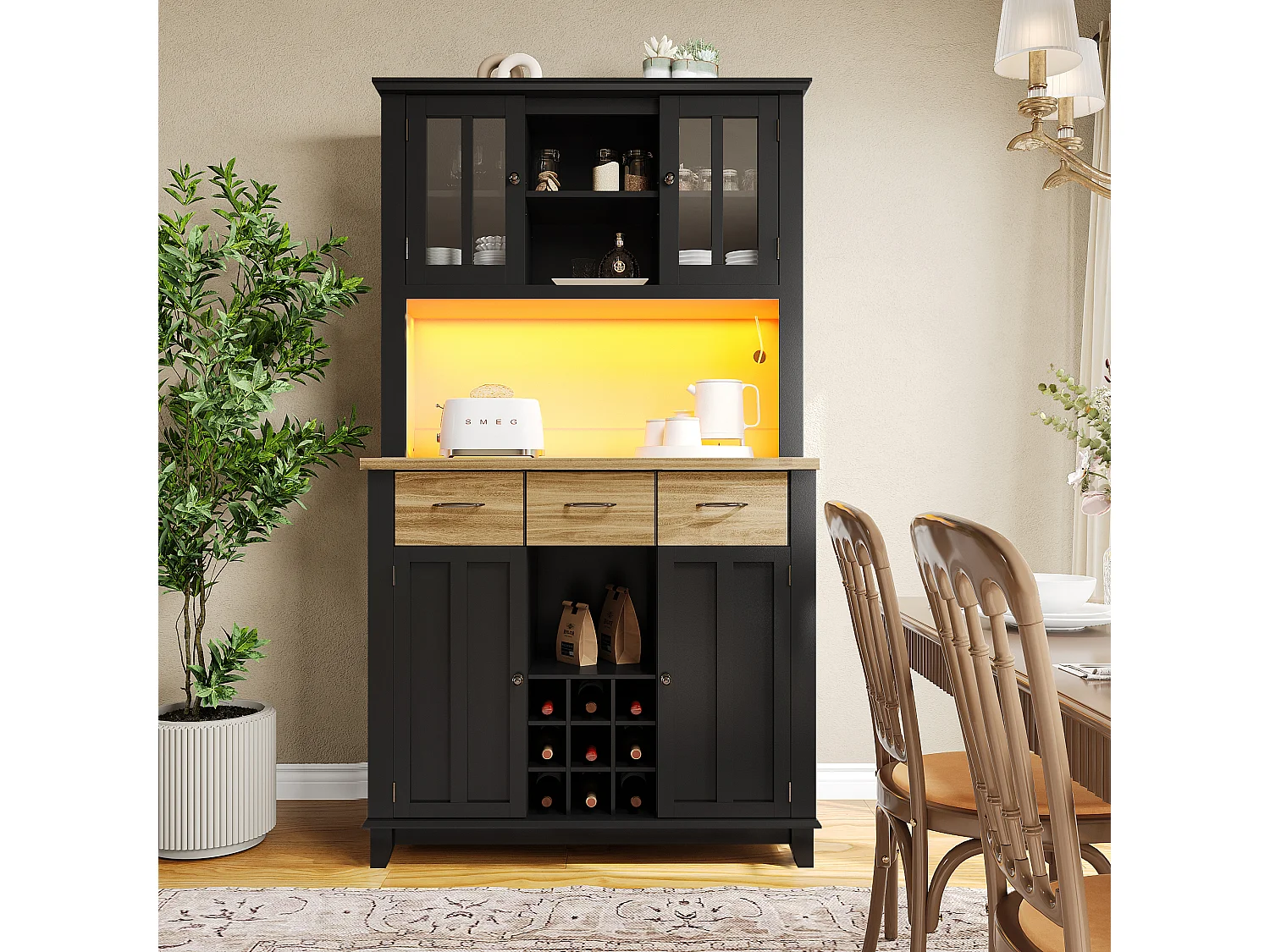 Buffet haut de cuisine avec 4 portes + 3 tiroirs + étagère + Leds - 106 x 40 x 179.5 cm - MDF - noir