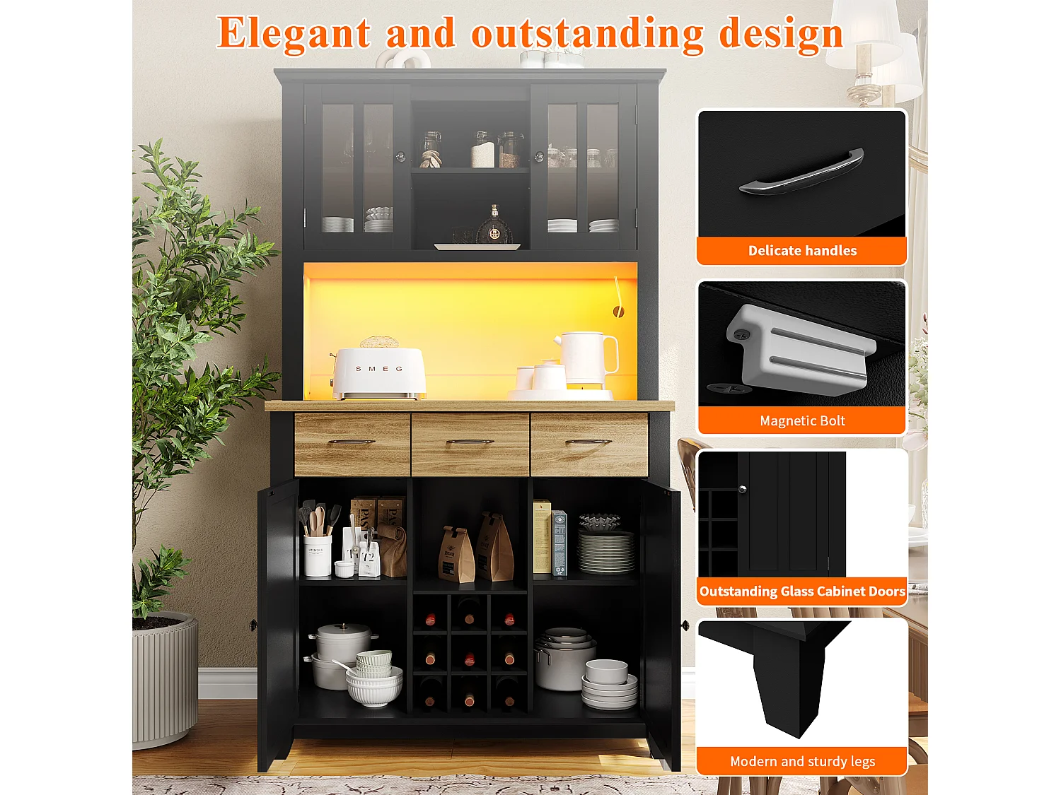 Buffet haut de cuisine avec 4 portes + 3 tiroirs + étagère + Leds - 106 x 40 x 179.5 cm - MDF - noir